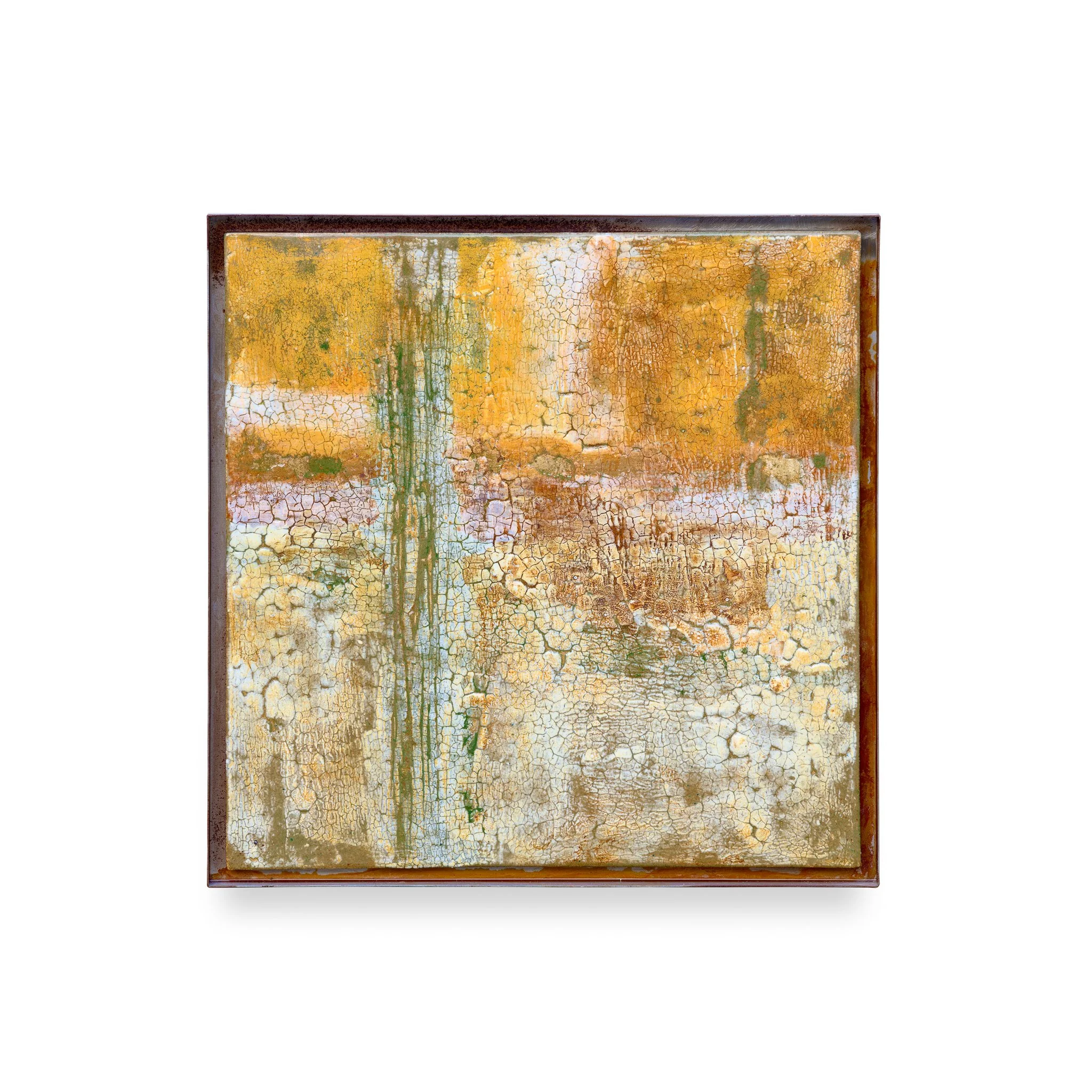 Stoneware, porcelain, oxides and glazes. Fired at 1150ºC. Includes the metal frame. 48,5 x 48,5 x 3 (cm)