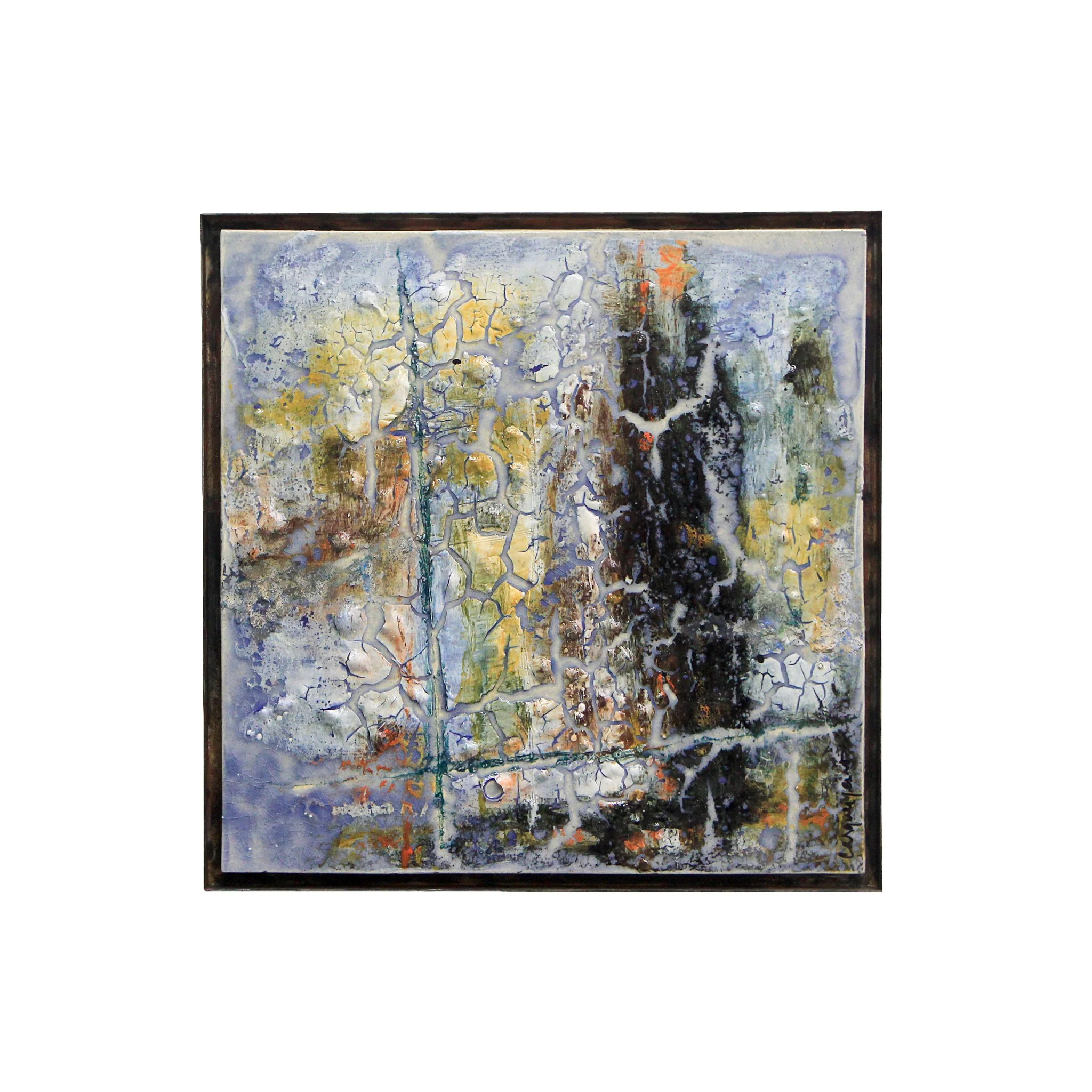 Stoneware, porcelain, oxides and glazes. Fired at 1150ºC. Includes the metal frame. 48,5 x 48,5 x 3 (cm)