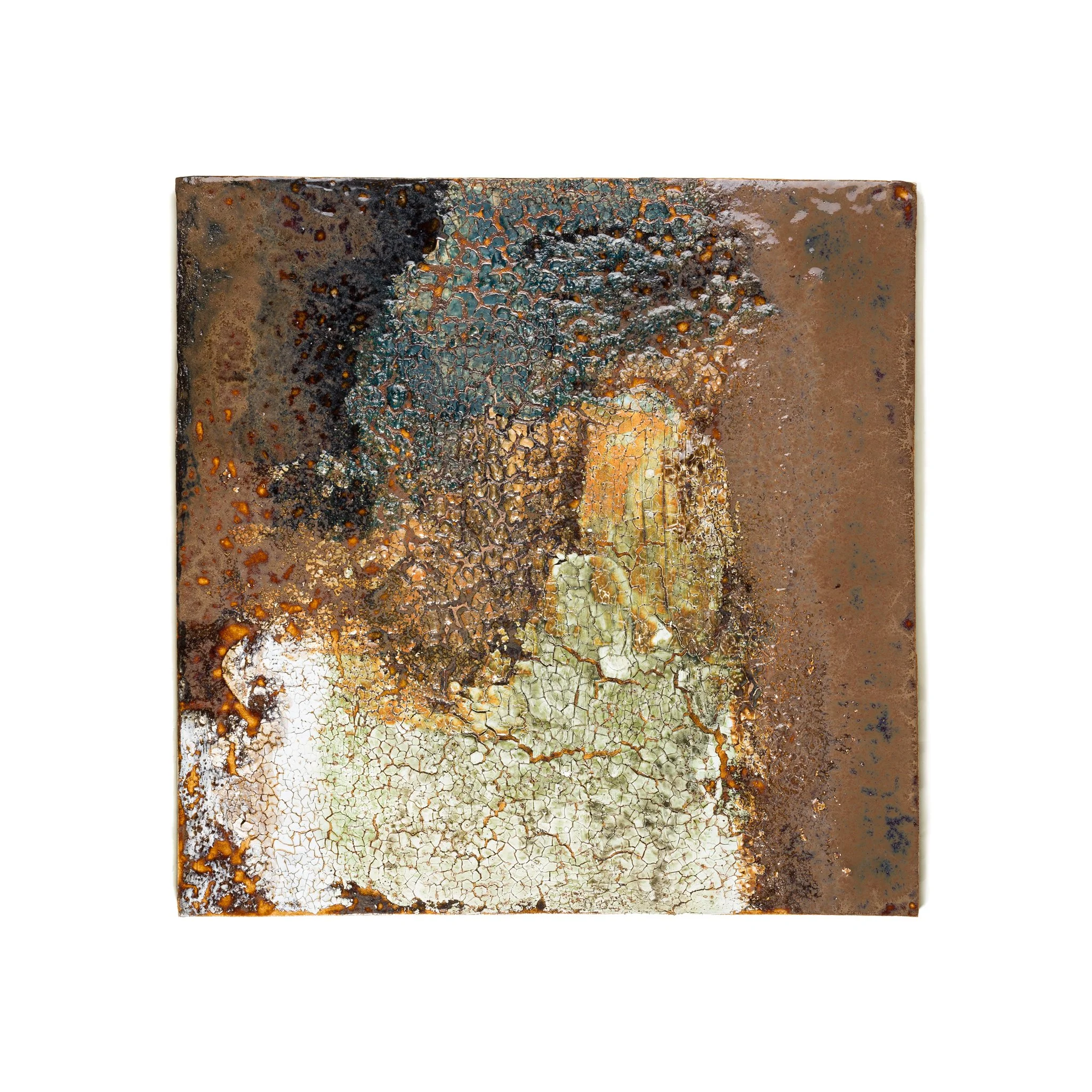 Stoneware, porcelain, oxides and glazes. Fired at 1150ºC. Includes the metal frame. 48,5 x 48,5 x 3 (cm)