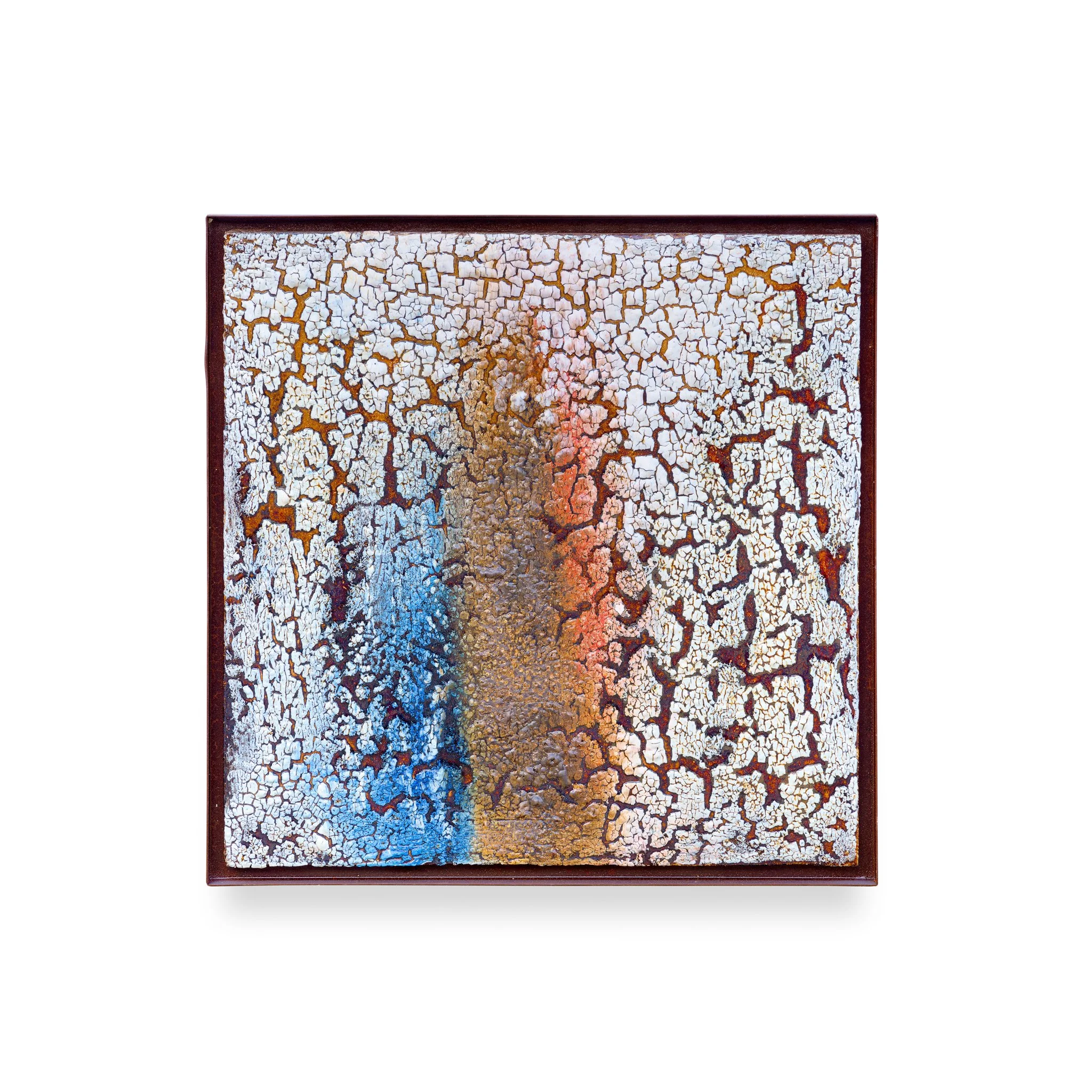 Stoneware, porcelain, oxides and glazes. Fired at 1150ºC. Includes the metal frame. 48,5 x 48,5 x 3 (cm)