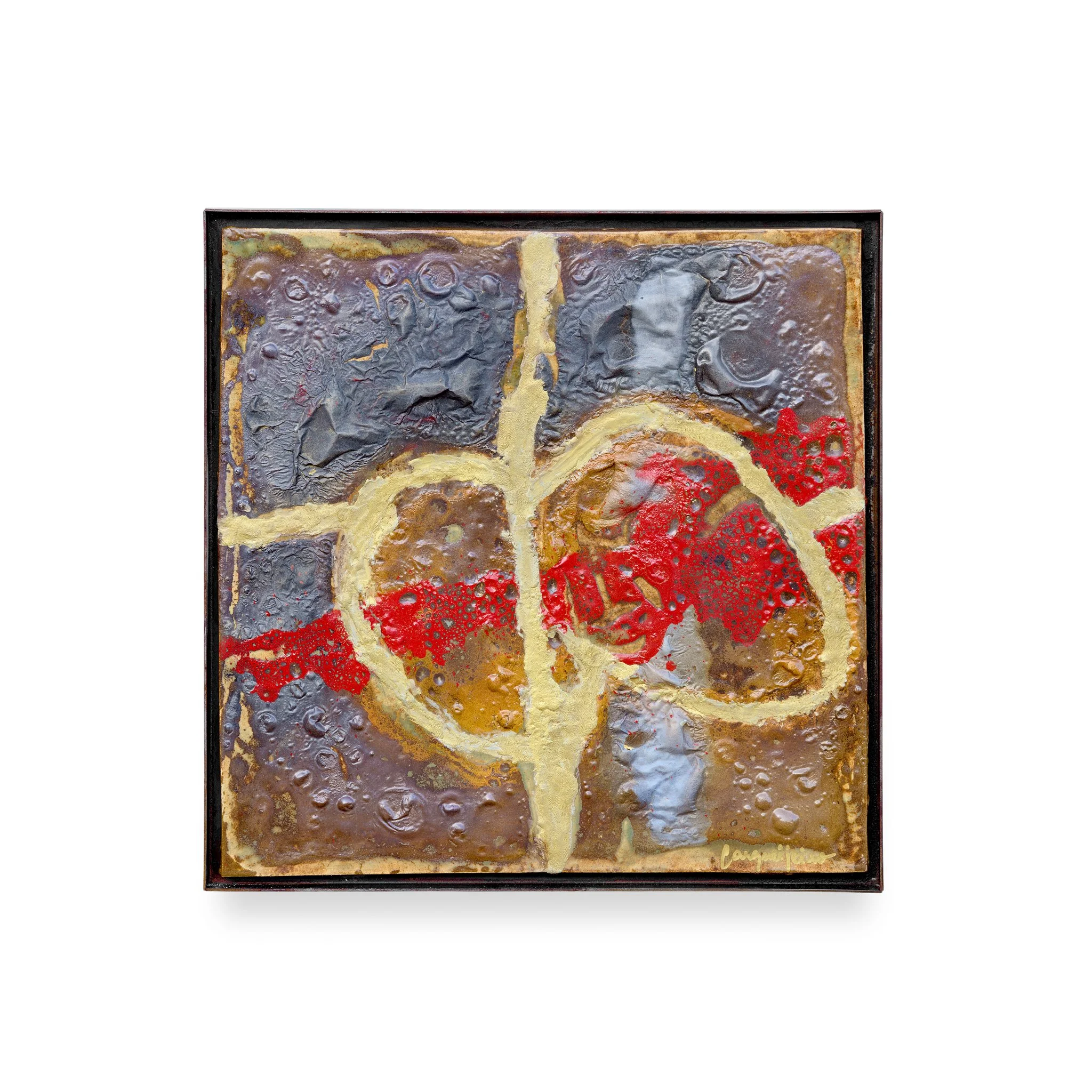 Stoneware, porcelain, oxides and glazes. Fired at 1150ºC. Includes the metal frame. 48,5 x 48,5 x 3 (cm)