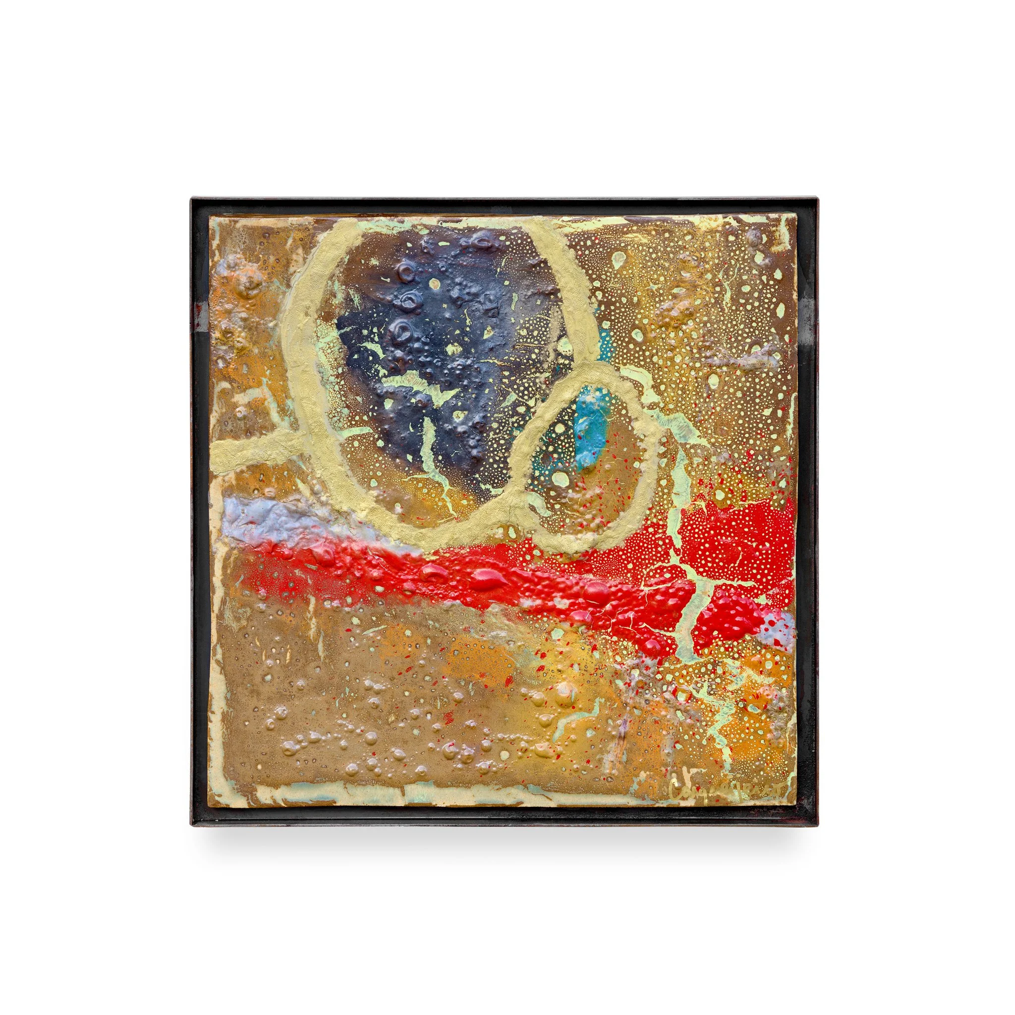 Stoneware, porcelain, oxides and glazes. Fired at 1150ºC. Includes the metal frame. 48,5 x 48,5 x 3 (cm)