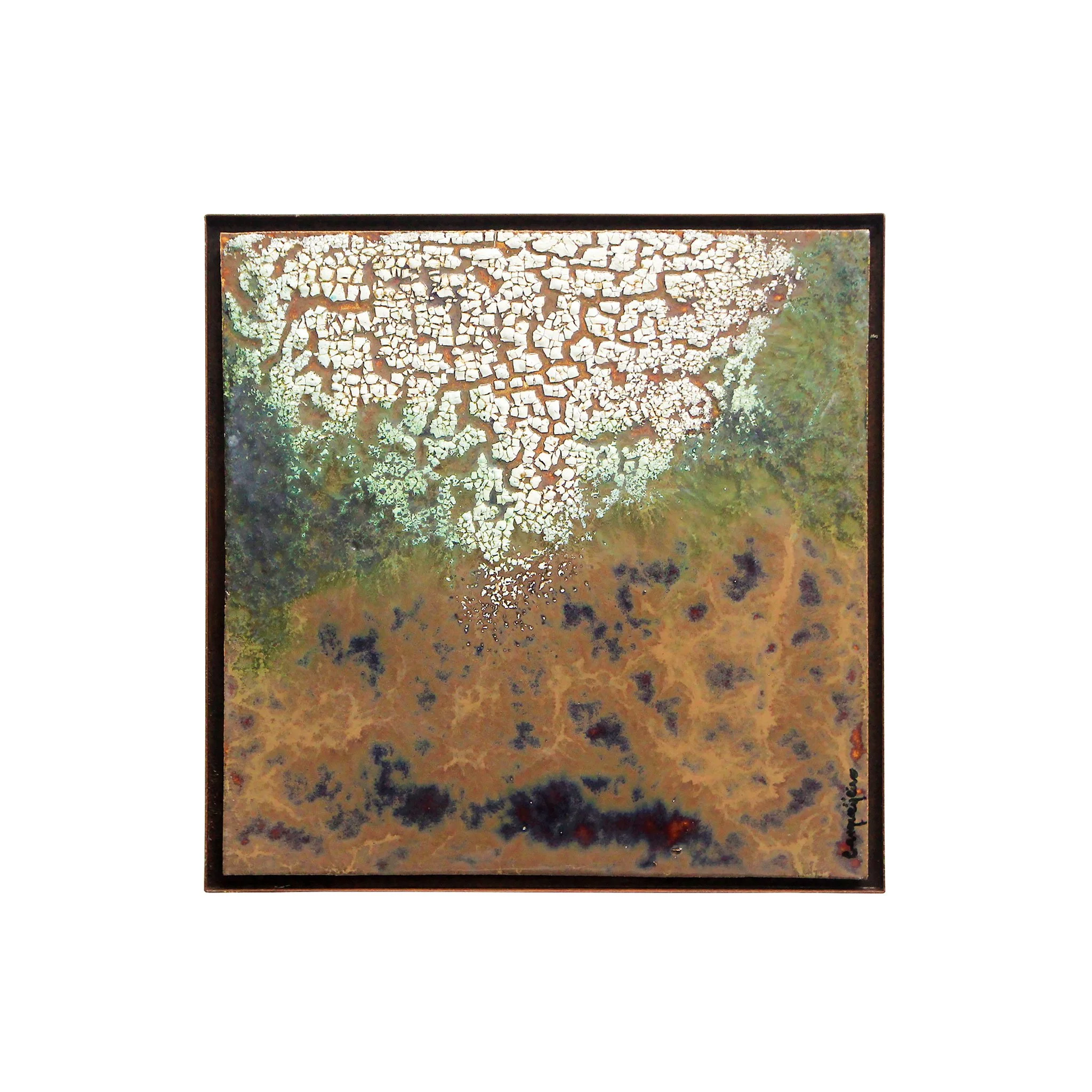 Stoneware, porcelain, oxides and glazes. Fired at 1150ºC. Includes the metal frame. 48,5 x 48,5 x 3 (cm)