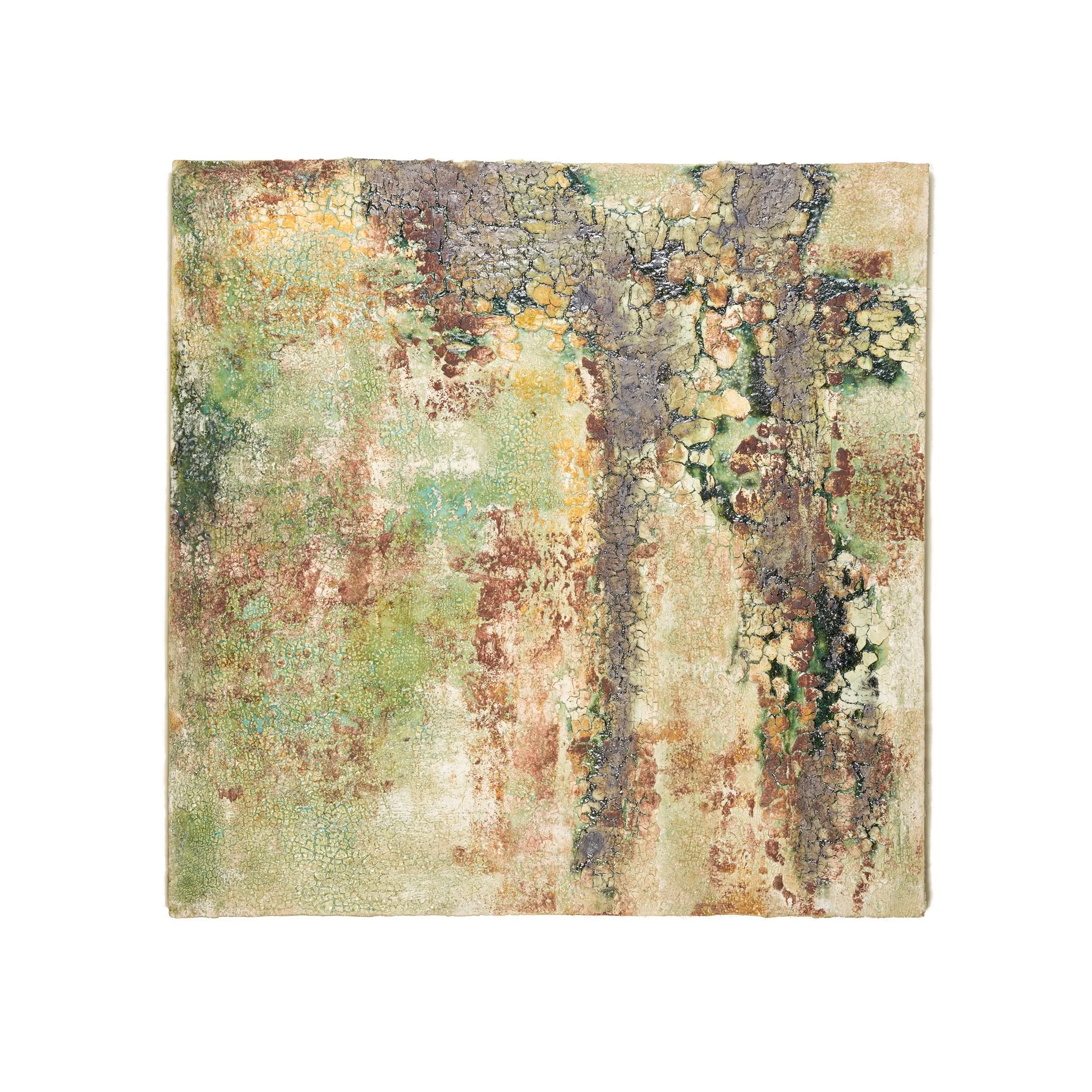 Stoneware, porcelain, oxides and glazes. Fired at 1150ºC. Includes the metal frame. 48,5 x 48,5 x 3 (cm)