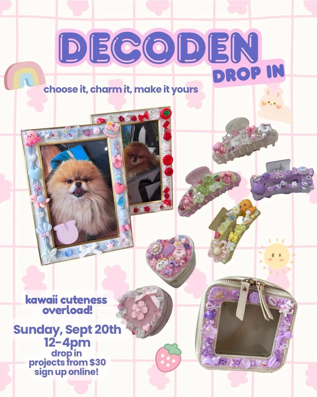 Decoden (デコデン): a Japanese craft where more is more &mdash; whipped cream, charms, sparkle &amp; maximum cuteness. 💕✨

Join us Sunday, September 20 from 12&ndash;4 for our very first Decoden Drop-In at Hello Someday!
✨ Claw Clips $30
✨ Picture Frame