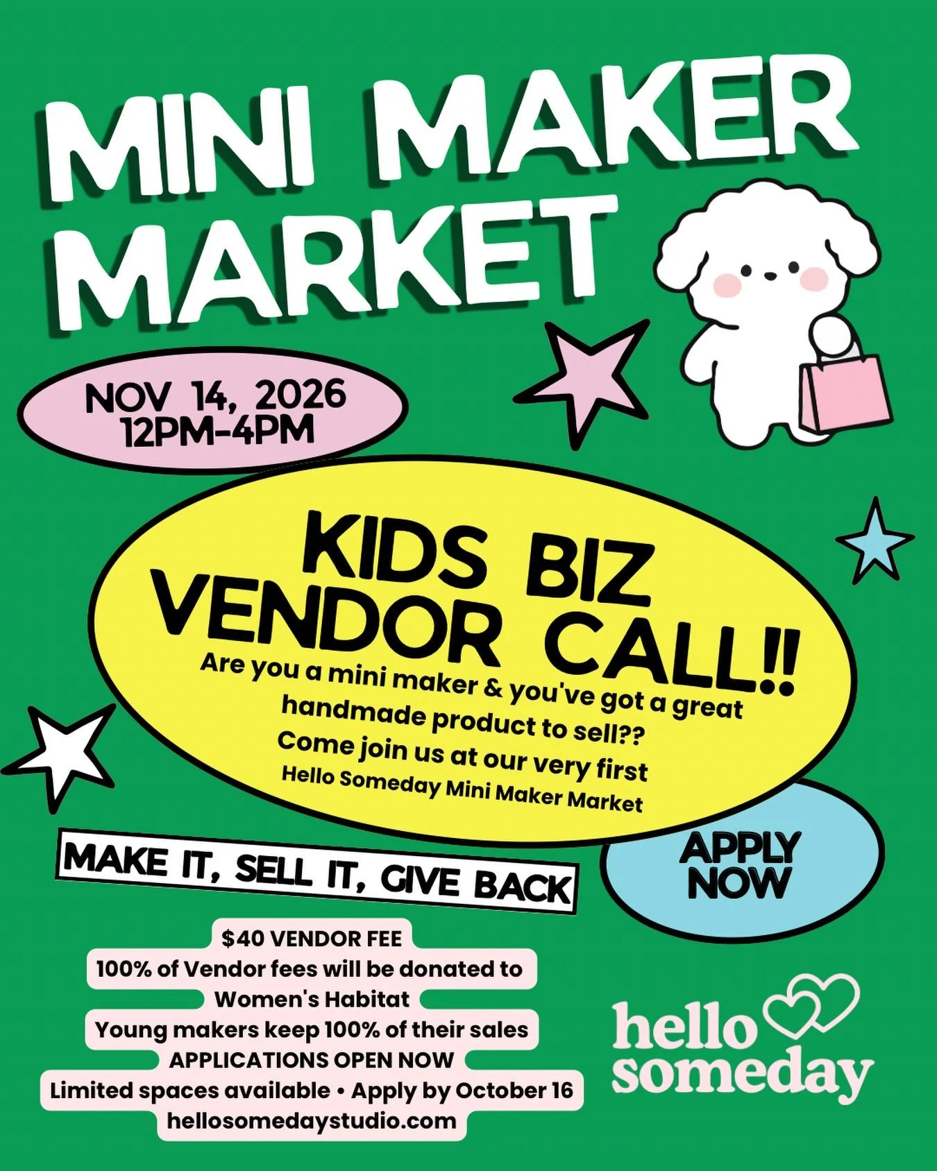 ✨ CALLING ALL YOUNG MAKERS + ENTREPRENEURS! ✨

We&rsquo;re SO excited to announce the very first Hello Someday MINI MAKER MARKET! 💕🎨
📅 Saturday, November 14
⏰ 12&ndash;4 PM
📍 Hello Someday Studio

Does your kid have a little business, a big creat
