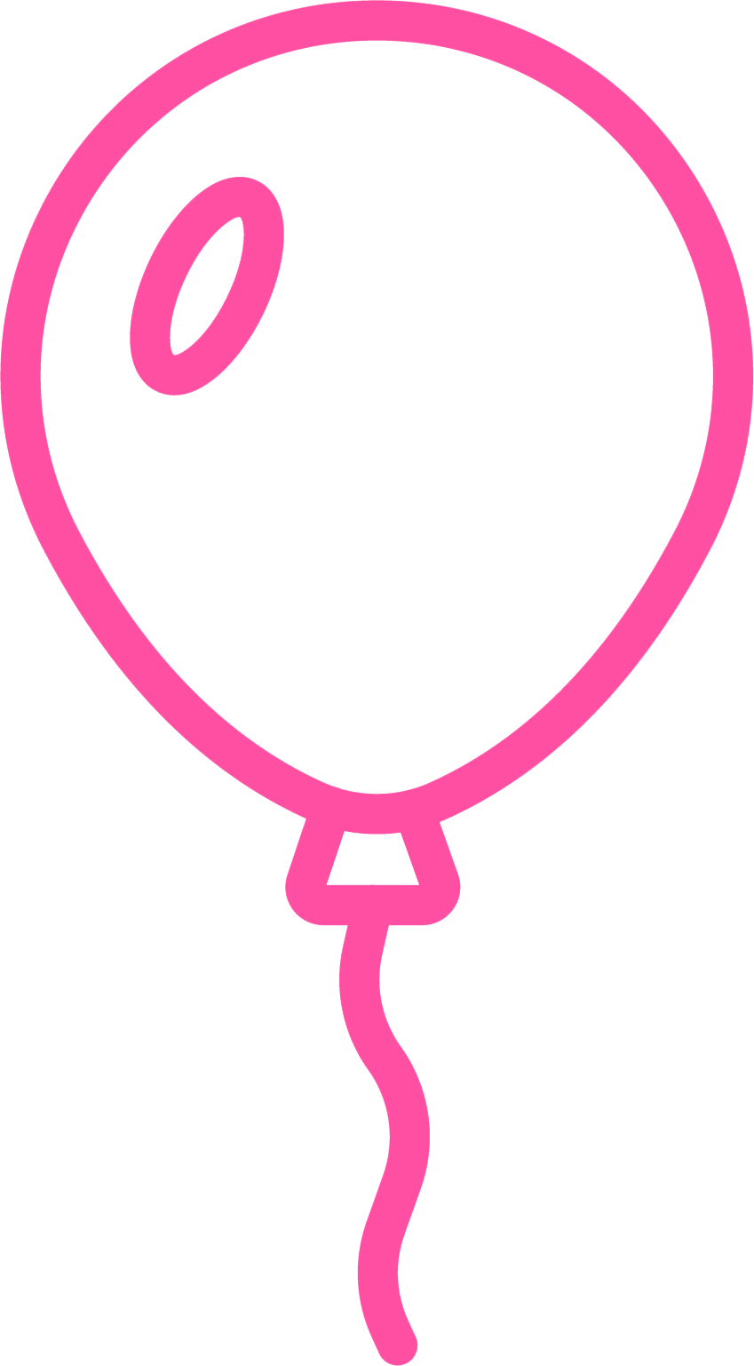 Pink drawing of a balloon with a string, with a stylized letter 'O' inside the balloon.