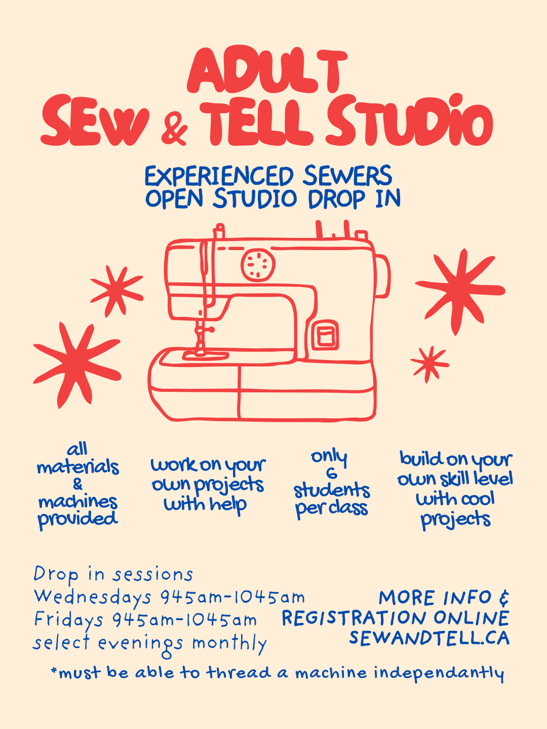 Adults Sew & Tell Studio Session-Experienced Sewers - Drop in class