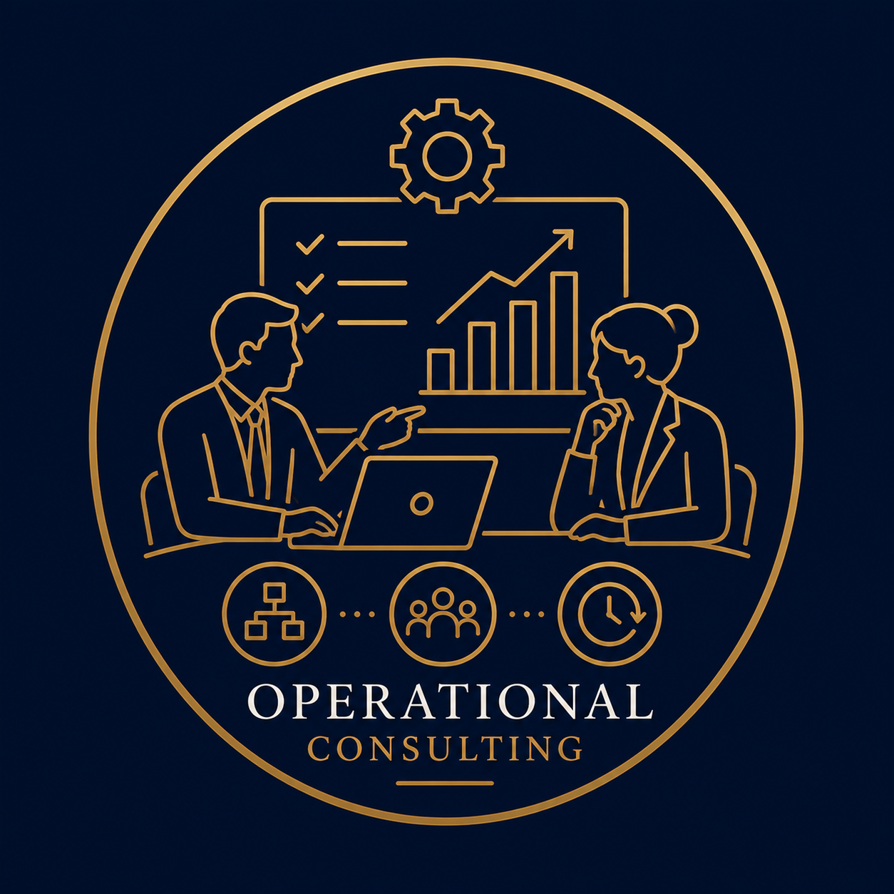 A digital illustration of two business professionals engaged in a discussion, with a presentation board displaying a bar graph with an upward trend, checkmarks, and analytics icons, representing operational consulting.