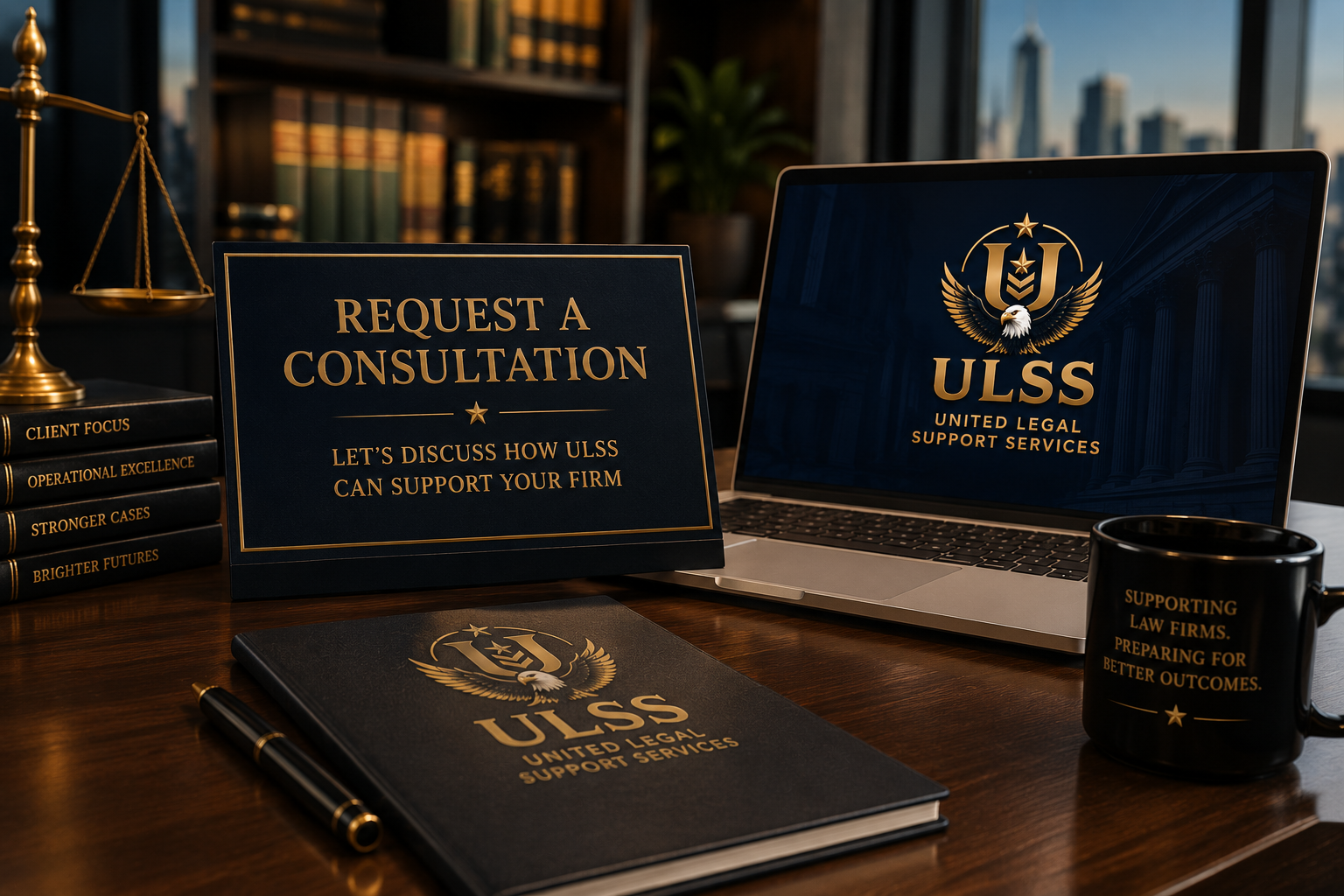 A desk with promotional materials for ULSS, United Legal Support Services, including a laptop with their logo, a black notebook, a sign requesting a consultation, a mug with their slogan, and books about legal topics.