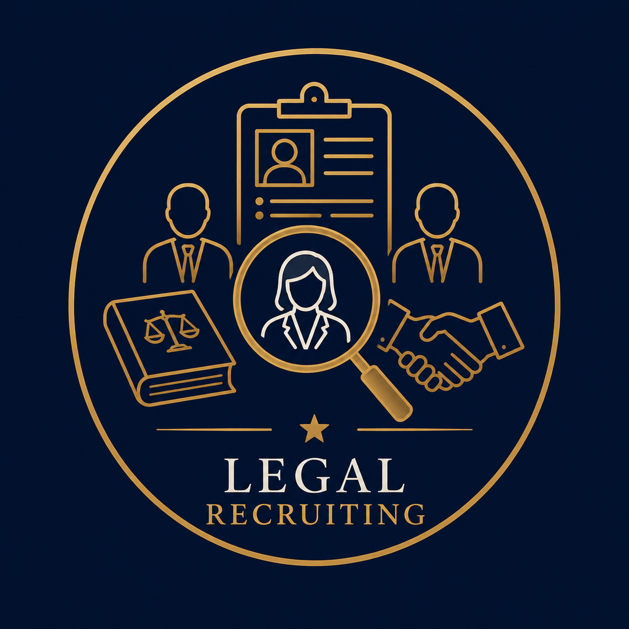 Illustration representing legal recruiting, including icons of a legal professional, handshake, legal document, scales of justice, and a resume, all in gold lines on a dark background.