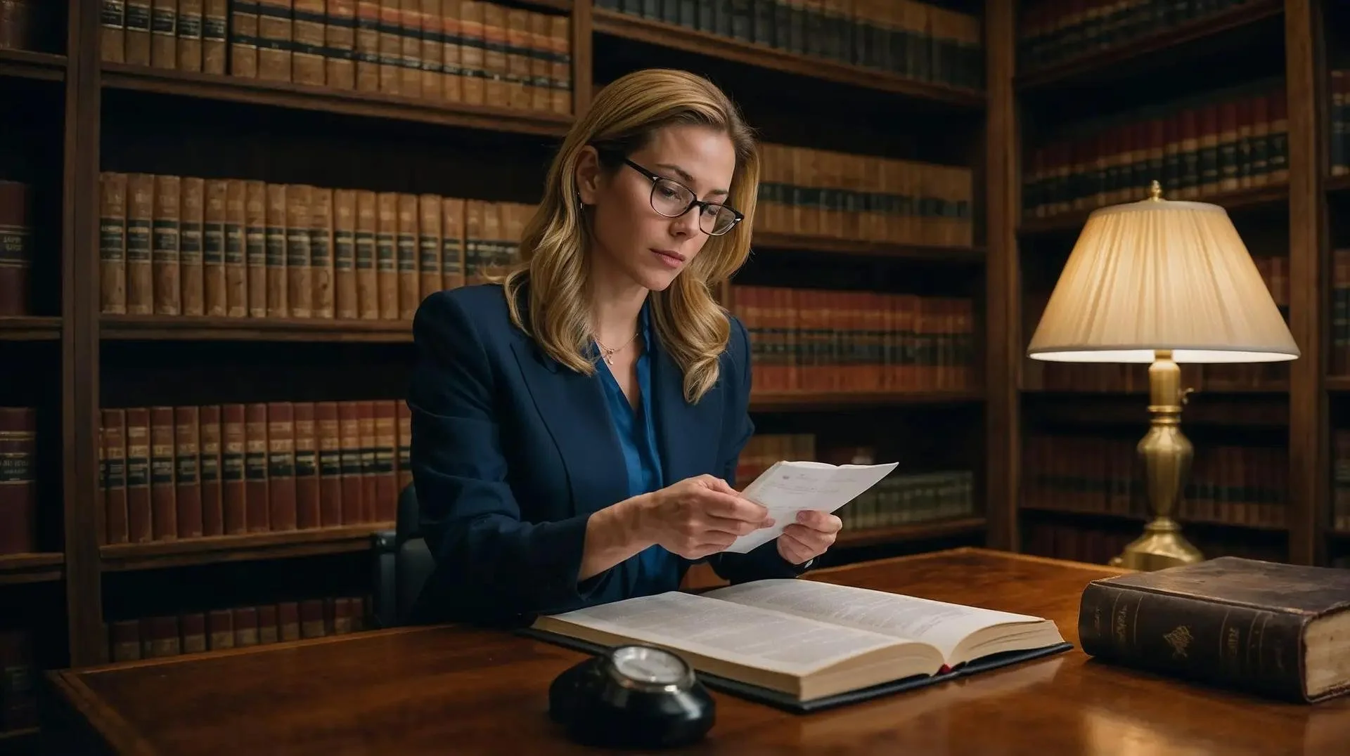 A woman with blonde hair, glasses, and a dark blazer sitting at a wooden desk in a library, reading a piece of paper. There are large bookshelves filled with books behind her, and a table lamp on her right.