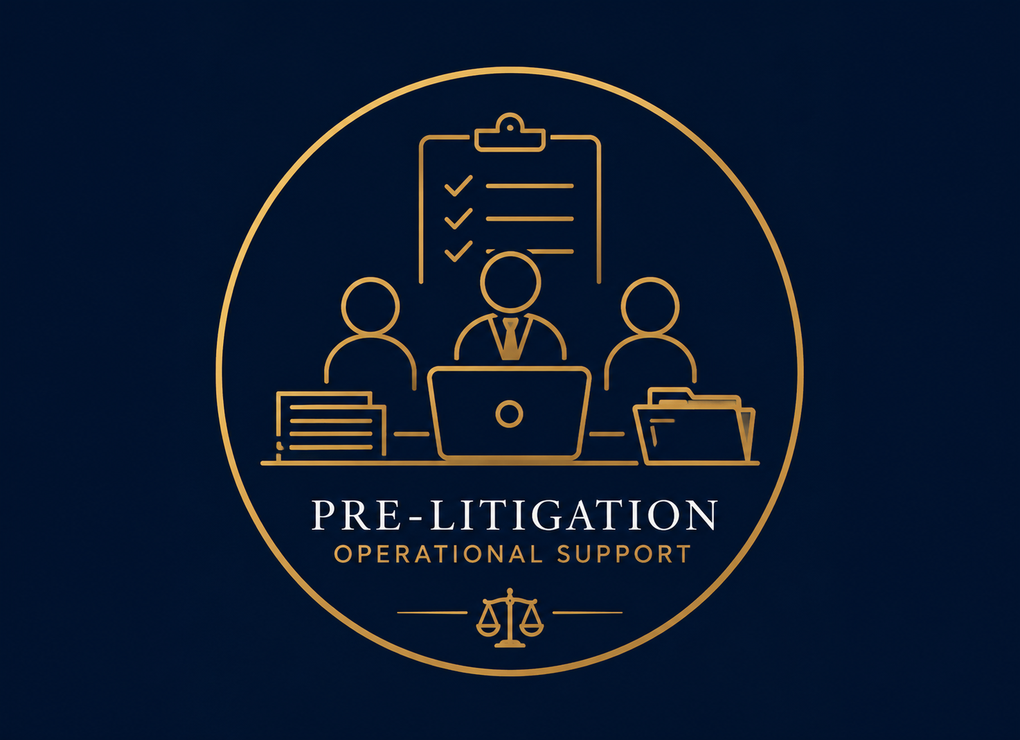 Illustration of a pre-litigation operational support team with three people, a laptop, files, and a clipboard with checkmarks, all inside a circle with a scales symbol at the bottom.