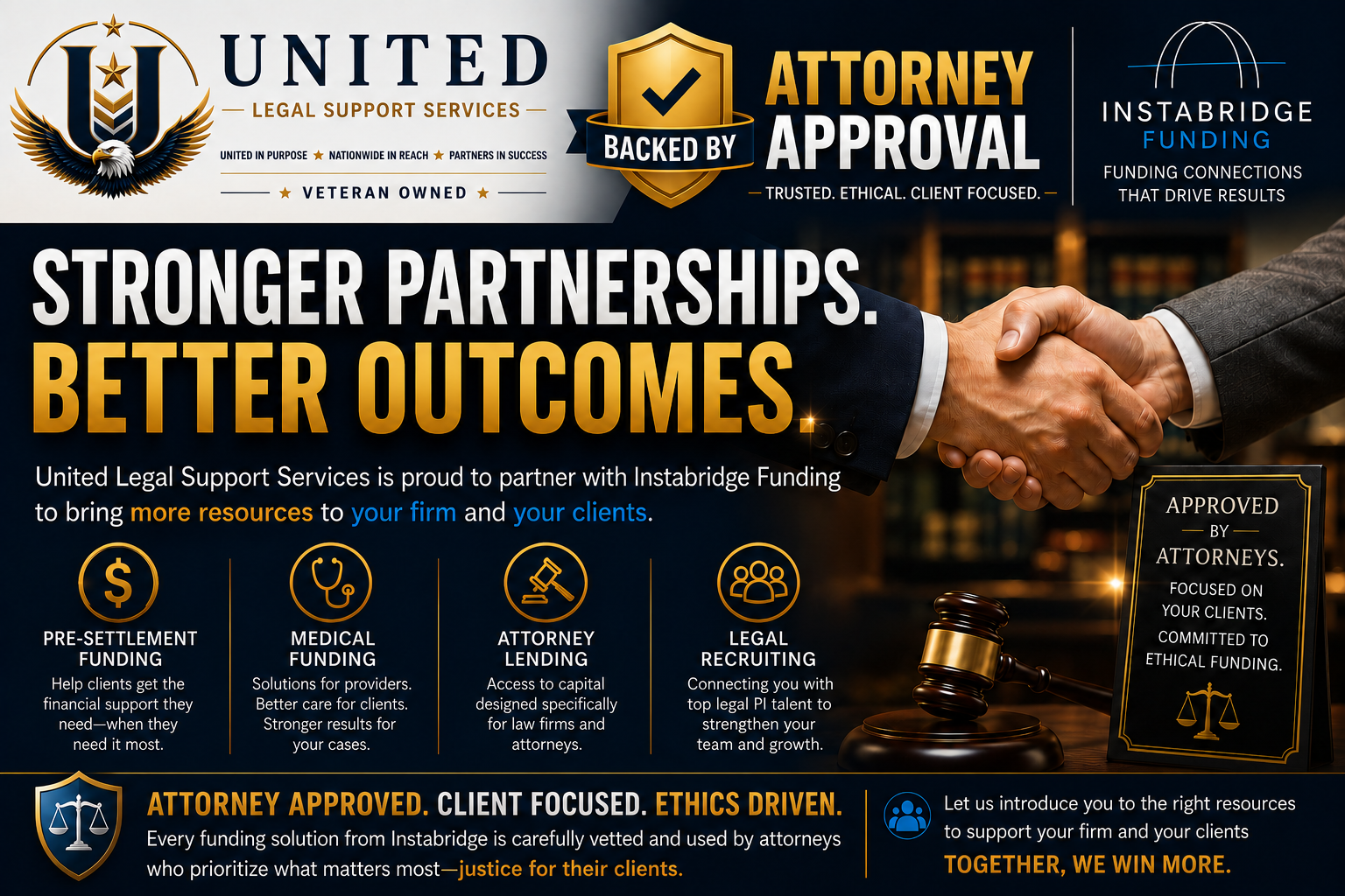 A promotional banner for United Legal Support Services featuring a handshake between two individuals in business attire, with icons representing various legal funding services and a gavel. The banner emphasizes stronger partnerships, ethical practice, and client-focused solutions.