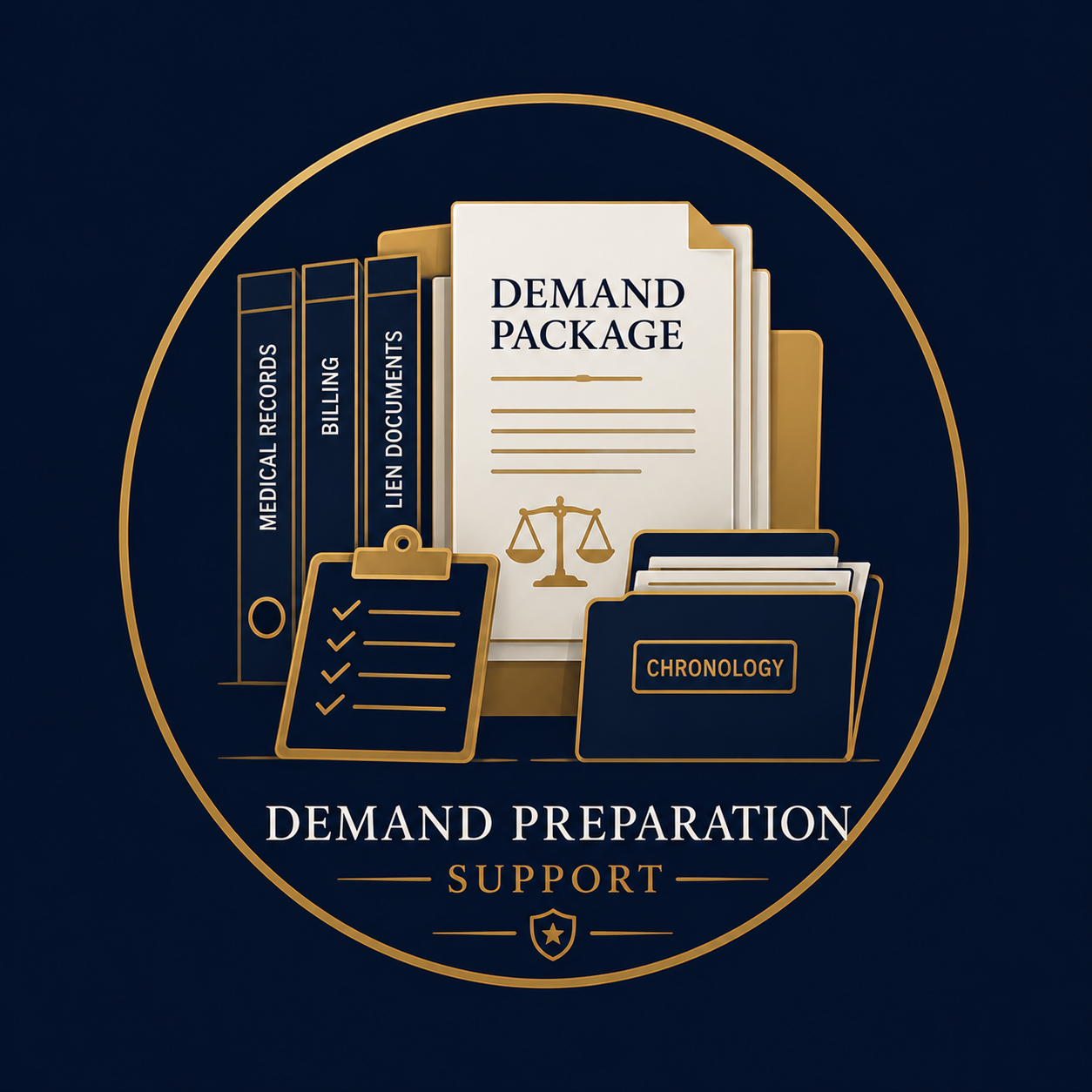 Illustration of demand package, medical records, billing, lien documents, folder labeled 'chrology', clipboard, and balance scale icon, with text 'Demand Preparation Support'.