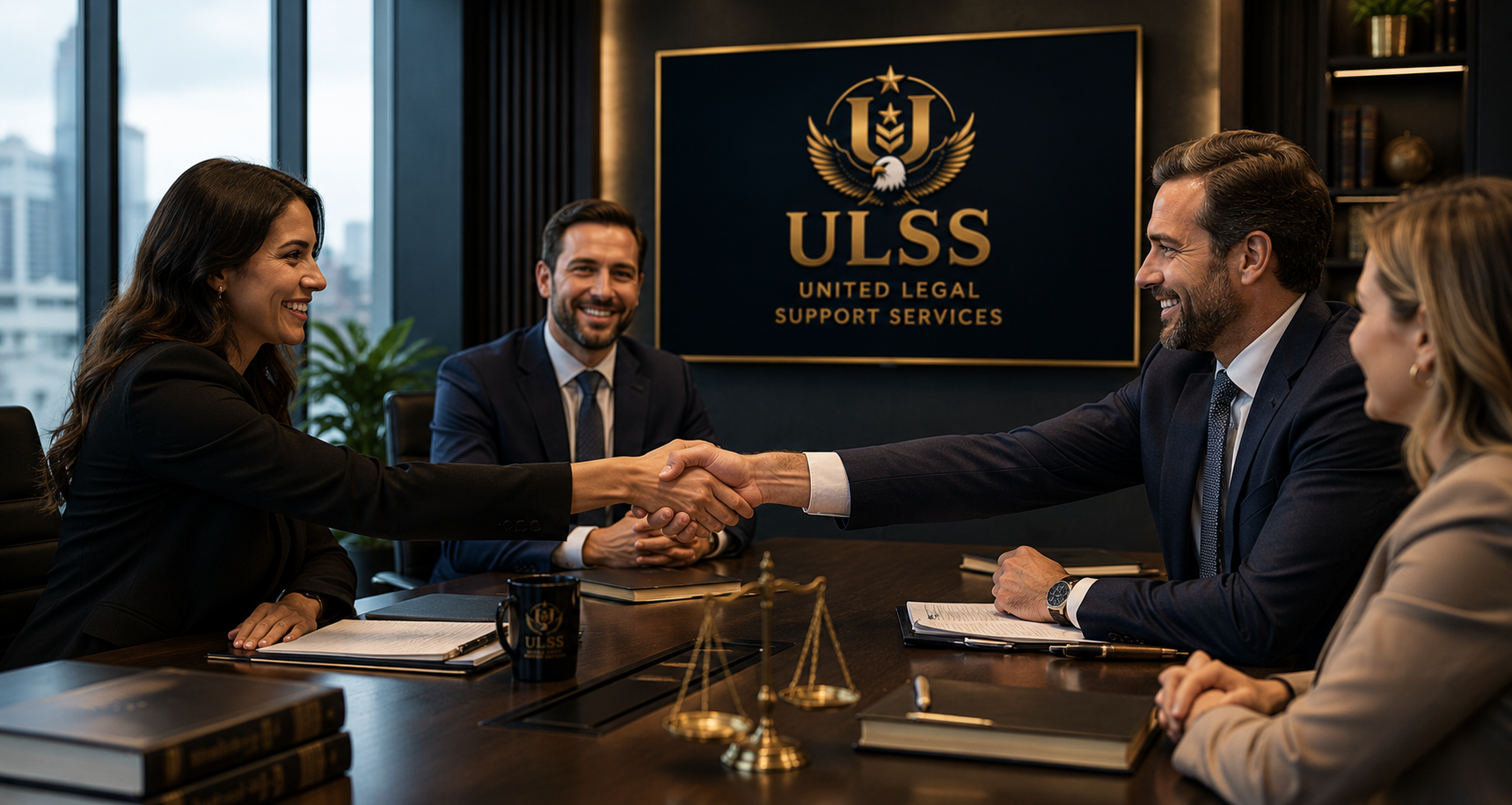 Business professionals shaking hands in a modern office with a ULSS sign on the wall that stands for United Legal Support Services, with four people smiling and engaged in a meeting.