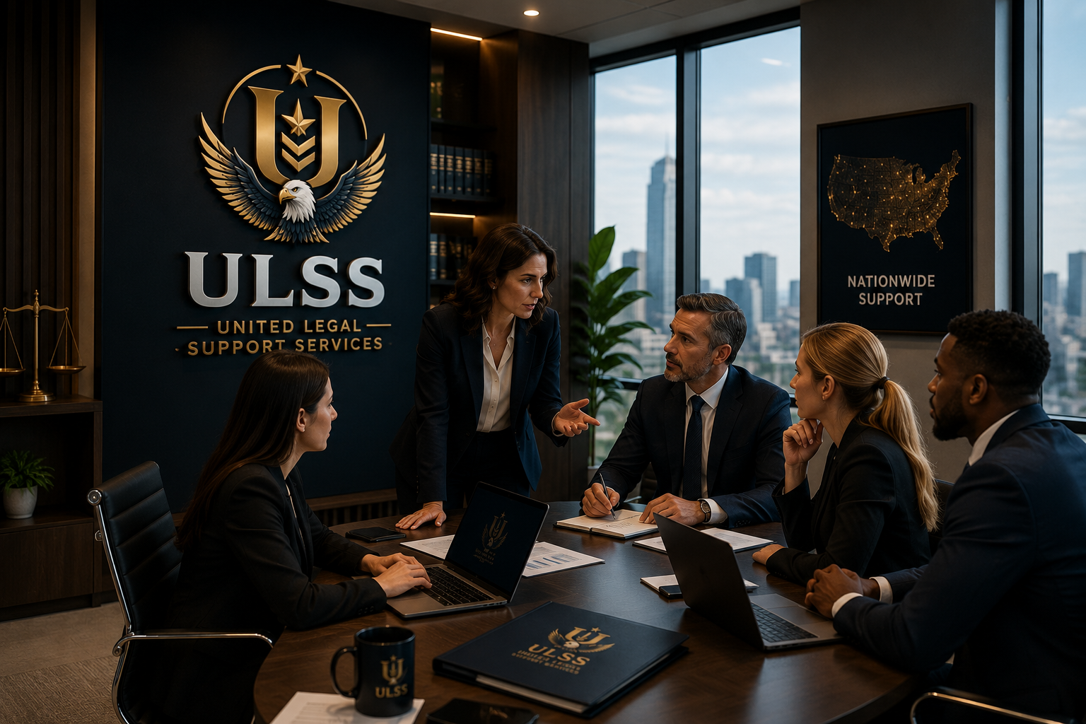 A business meeting in a corporate office with five diverse professionals engaged in discussion. The woman standing is speaking, while the others seated are listening attentively. There is a ULSS logo on the wall behind them, along with a window showing a cityscape.