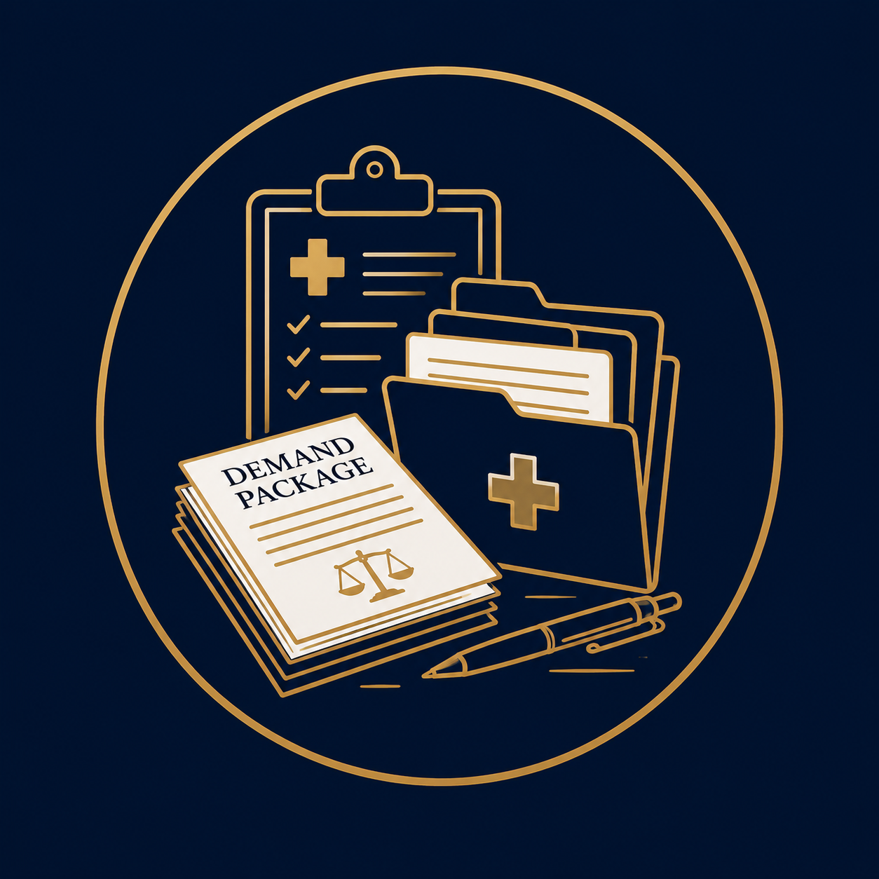 Outline illustration of medical documents, folders with medical cross symbols, a demand package with a scale icon, pens, and a clipboard with checklist on a dark background.