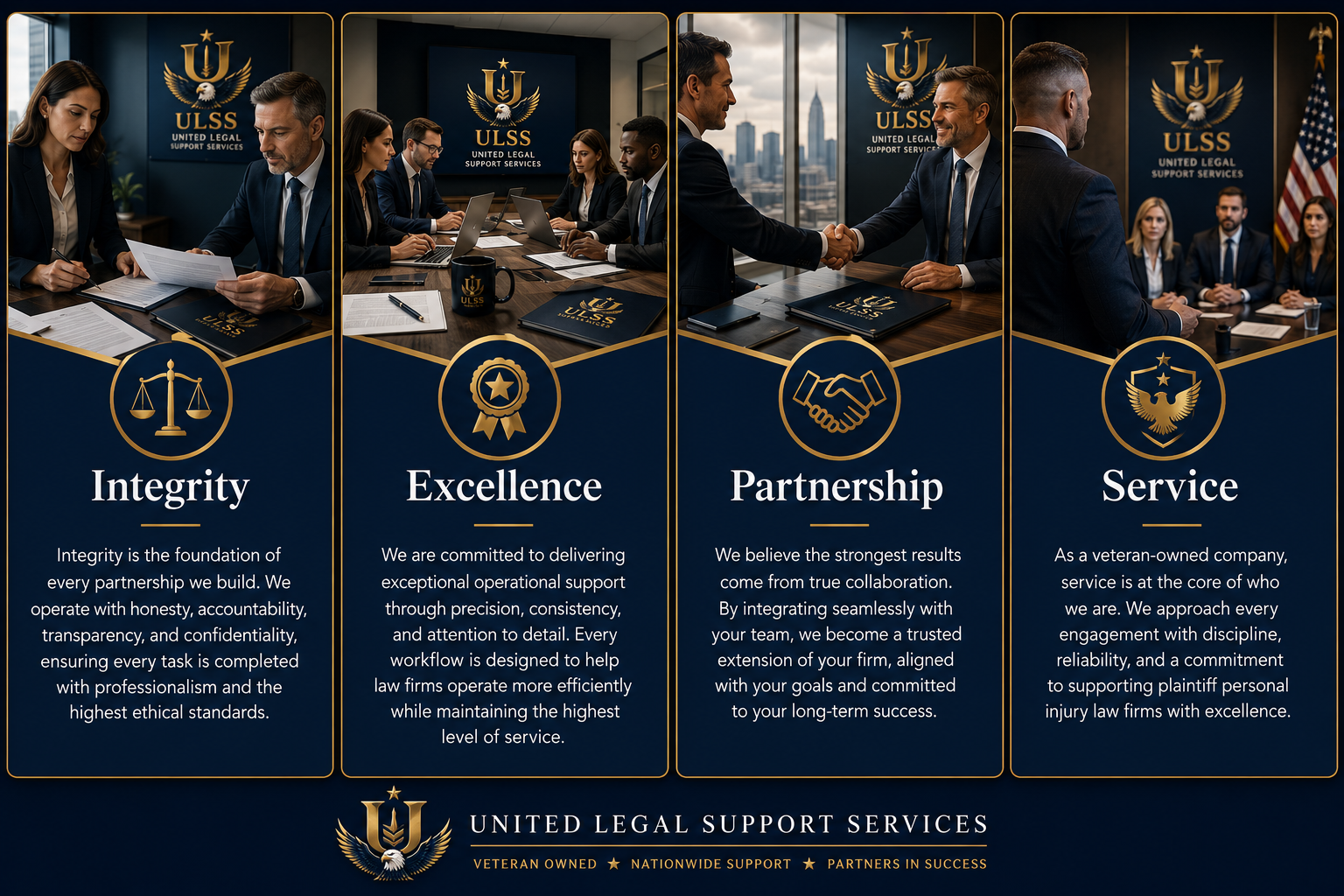 Poster for United Legal Support Services with sections titled Integrity, Excellence, Partnership, and Service. The image shows people in a professional meeting, and icons representing each section, including scales, a ribbon, a handshake, and a shield with an eagle.