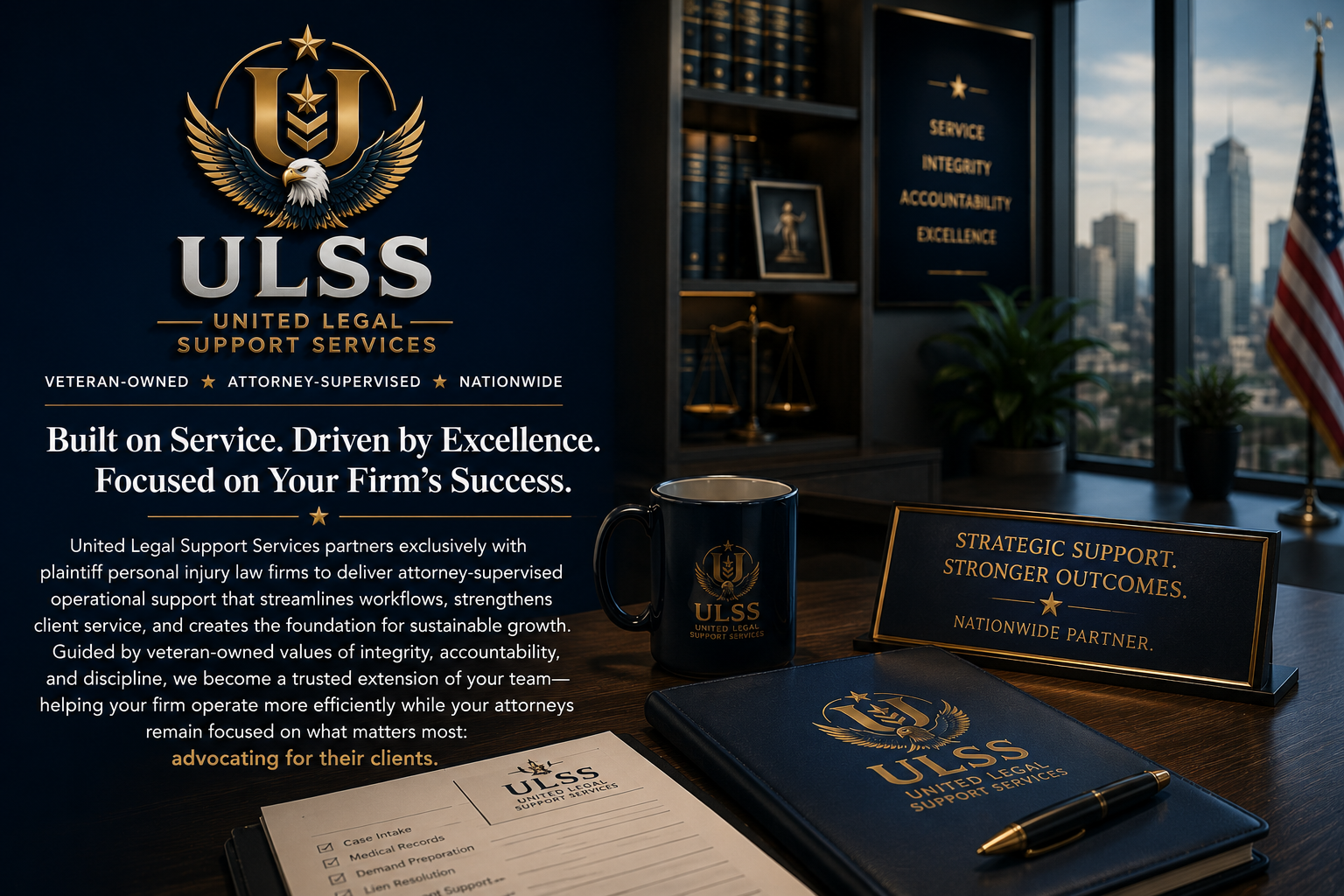 A promotional image for United Legal Support Services (ULSS) featuring a dark blue background with gold and white text, the ULSS logo with an eagle, a coffee mug, a framed sign, a leather folder, and legal documents on a wooden desk, with a city skyline visible through large windows.