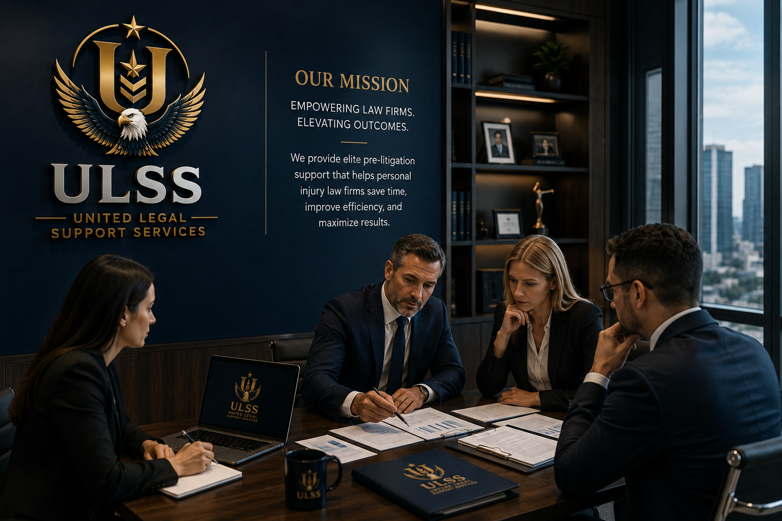 A business meeting in a high-rise office with four people in suits sitting around a table, with a blue wall behind them displaying the ULSS logo, mission statement, and slogan about empowering law firms. The room has a large window showing city skyscrapers.