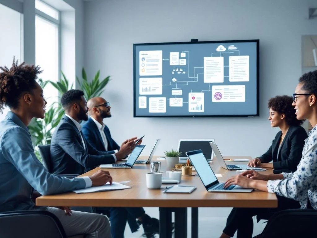 Business team in a modern conference room with laptops, engaged in a meeting while looking at a presentation on a large screen.