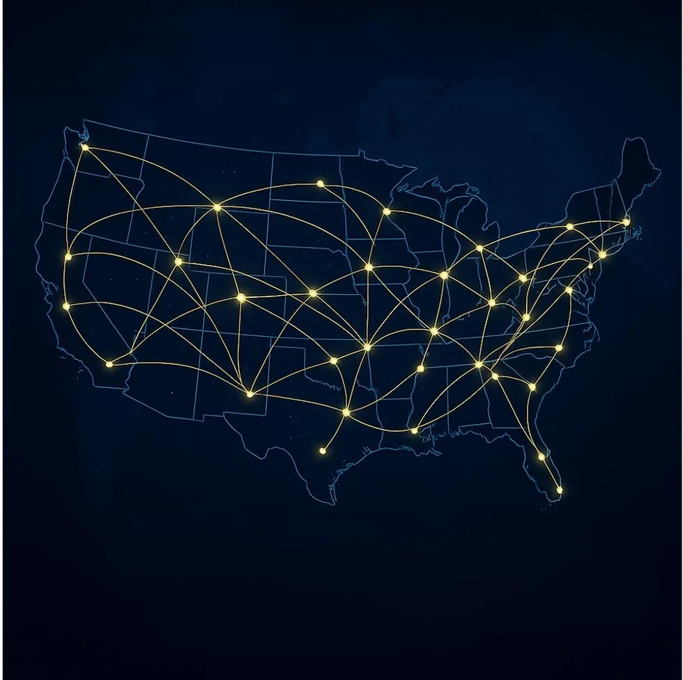 Map of the United States showing a network of connected lines and glowing points across various cities.