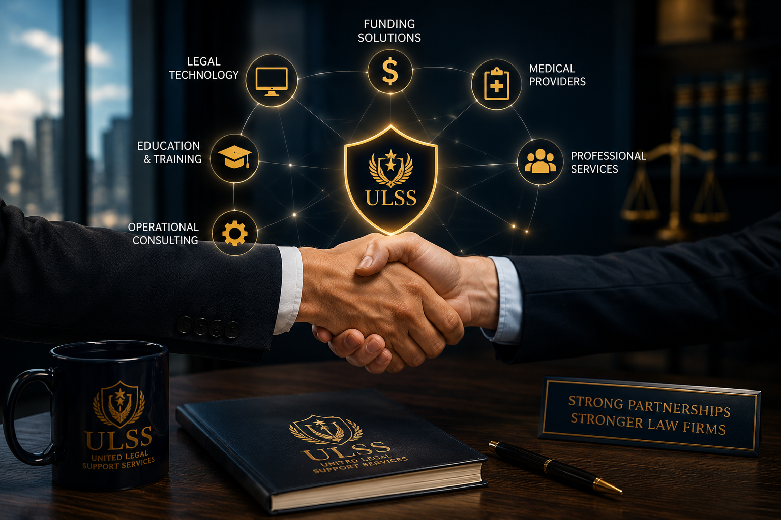 Two individuals shaking hands in a professional setting with a ULSS shield logo and legal support services icons, including technology, education, consulting, funding, medical, and professional services, visible on a digital overlay behind them.