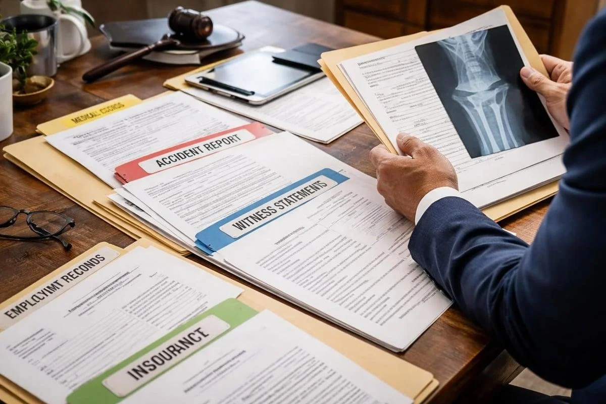 A person in a suit reviewing medical documents, including an X-ray of a knee, at a desk with files labeled 'Accident Report', 'Witness Statements', 'Medicaid Claims', 'Employment Records', and 'Insurance'.