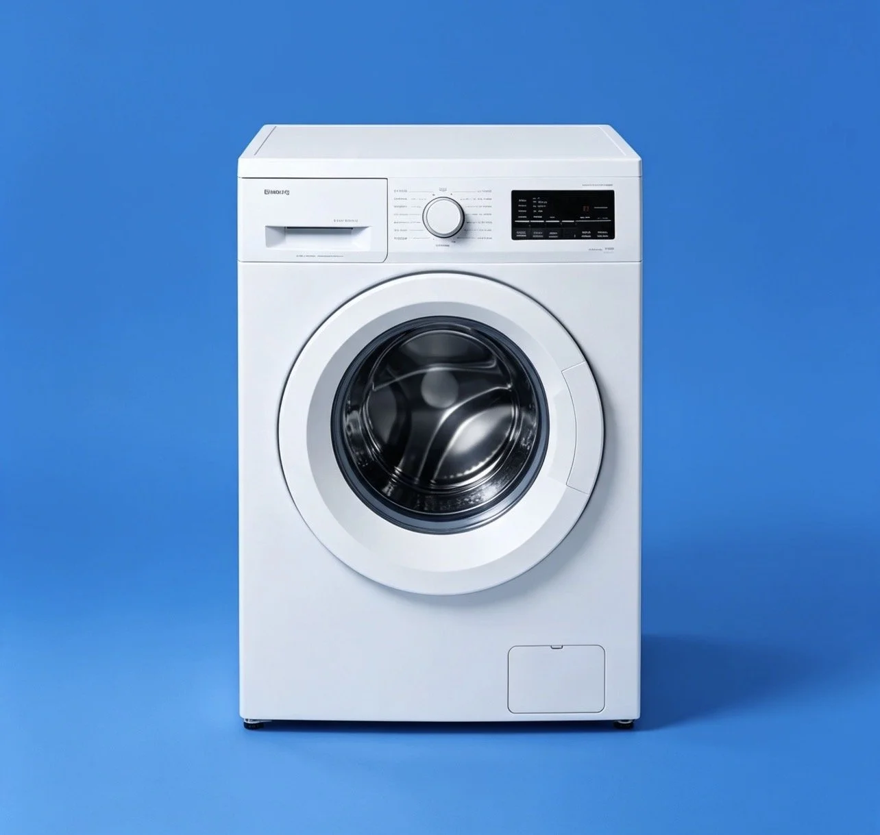 White front-loading washing machine against a blue background.
