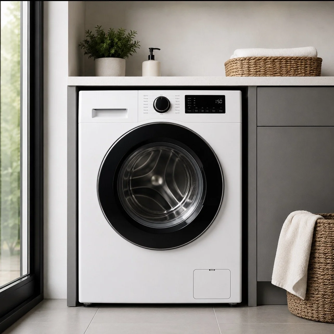 Freestanding front-loading washing machine in a laundry room with a white countertop, a potted green plant, soap dispenser, woven basket with towels, and a towel draped over a wicker basket.