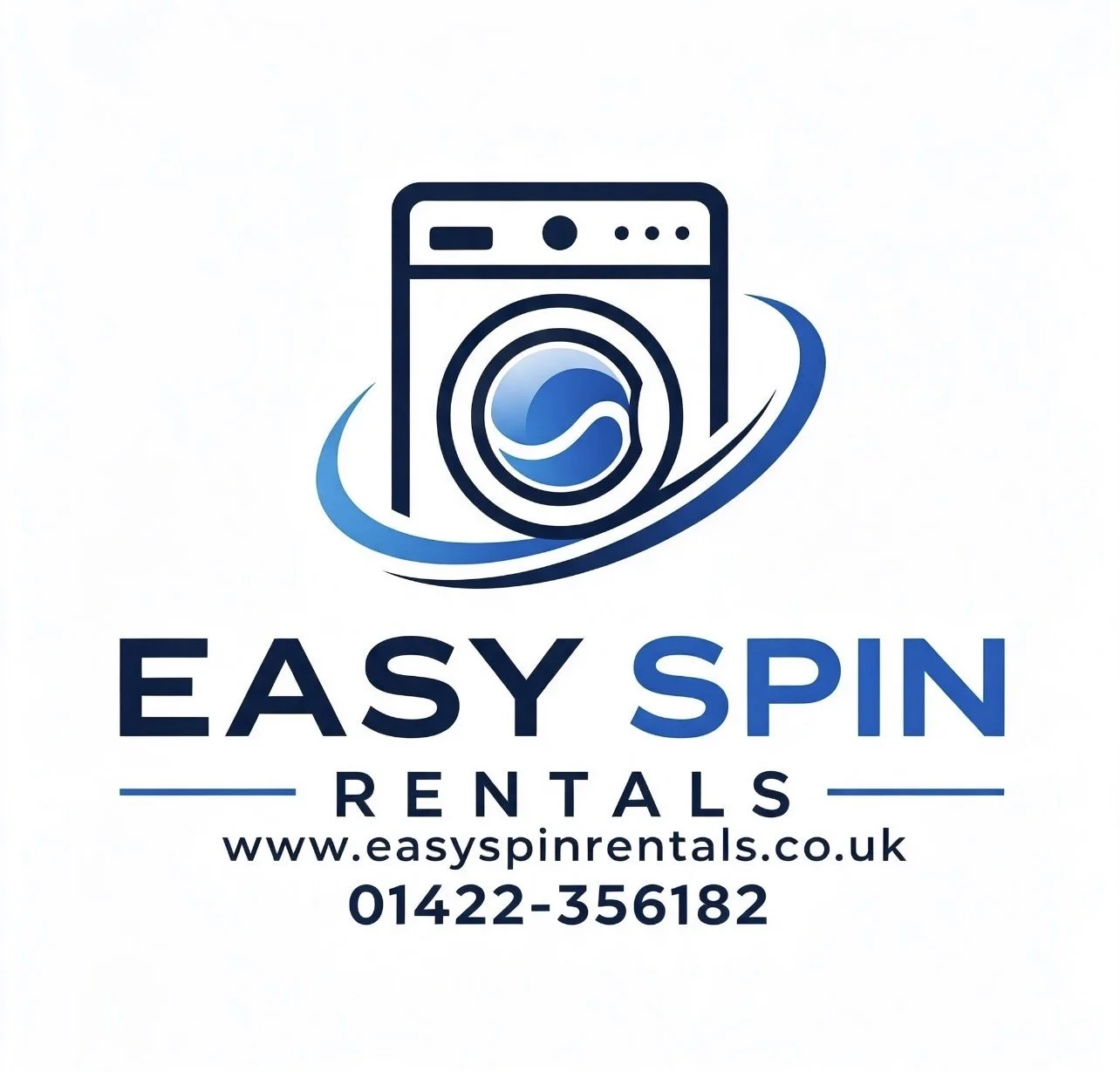 Logo for Easy Spin Rentals featuring a washing machine with spinning cycle icon, contact details, website, and slogan.