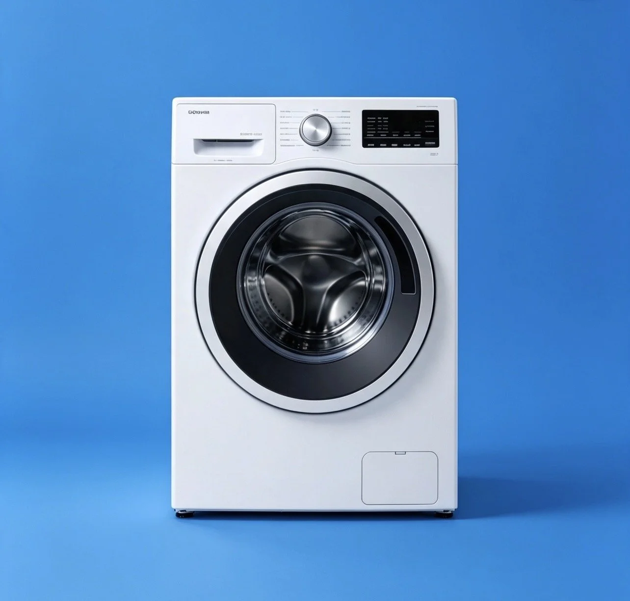 White front-loading washing machine against a blue background.