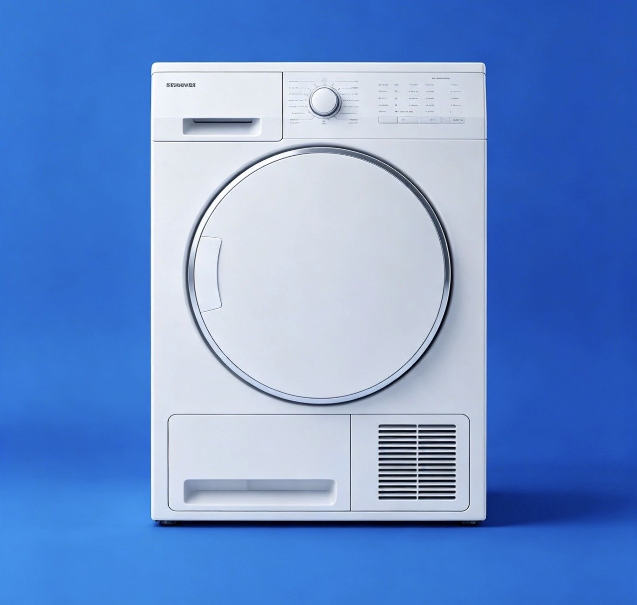 White front-loading clothes dryer with control panel, set against a solid blue background.
