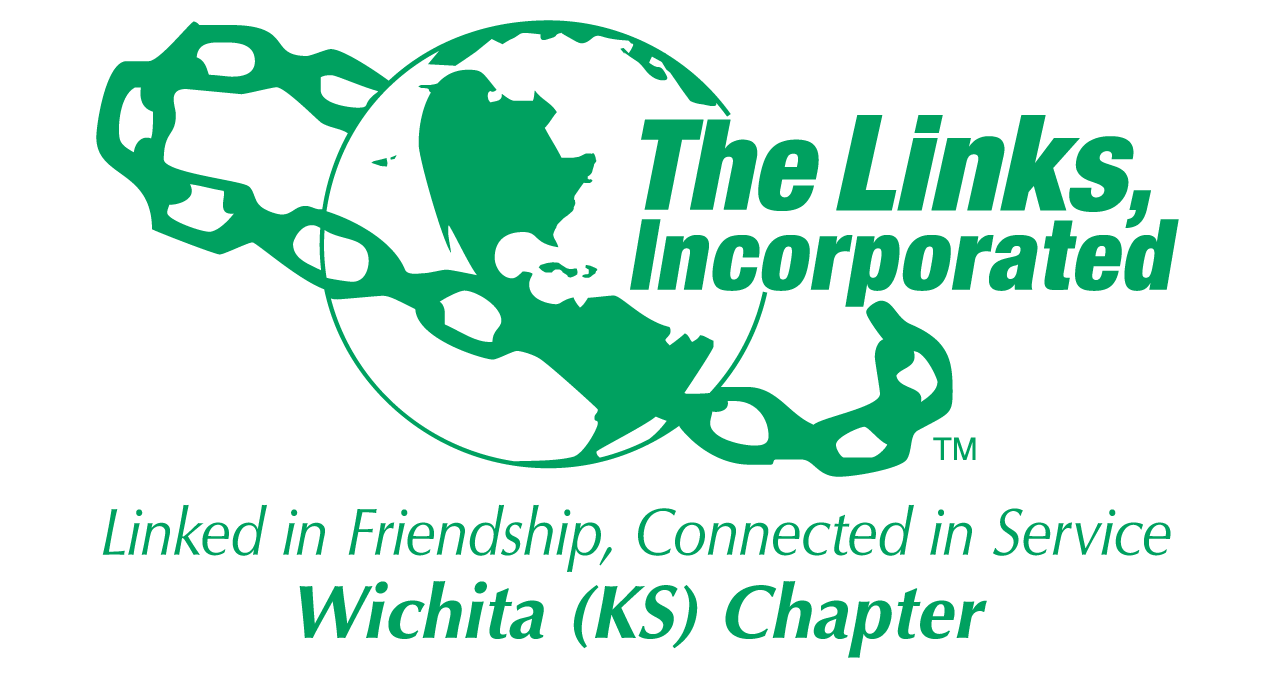 Logo of The Links, Incorporated featuring a stylized globe with a chain link around North America and the Caribbean, with text 'The Links, Incorporated', 'Linked in Friendship, Connected in Service', and 'Wichita (KS) Chapter'.