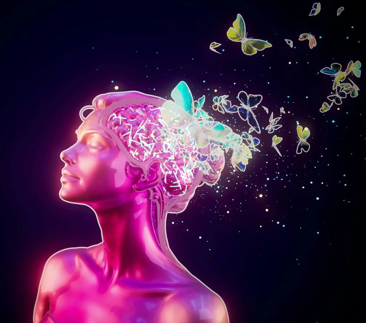 Digital illustration of a brain and glowing neural pathways, with colorful butterflies emerging, indicative of a migraine finally ending, and relief finally arriving.