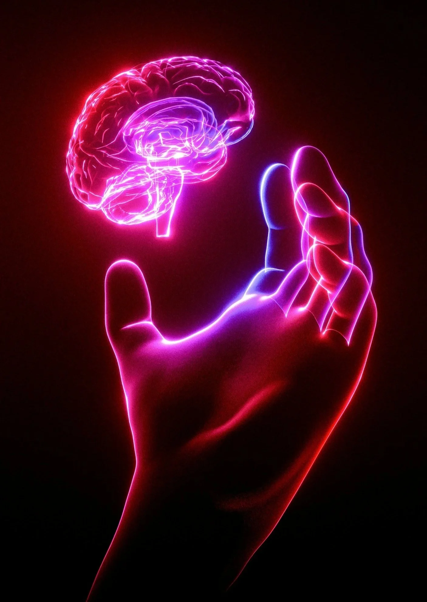 A glowing, translucent brain levitating above a hand with extended fingers, indicating advanced, hands-on care.