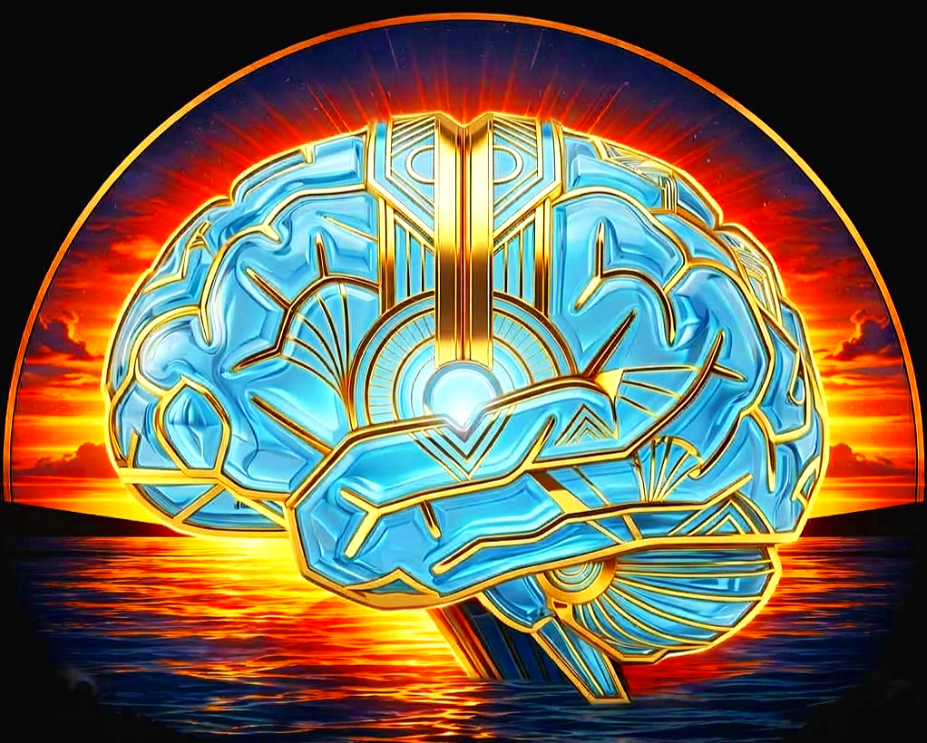 A digital illustration of a glowing blue and gold brain with a sunset reflected on water in the background, reflecting the ethos of Horizon Neurology.