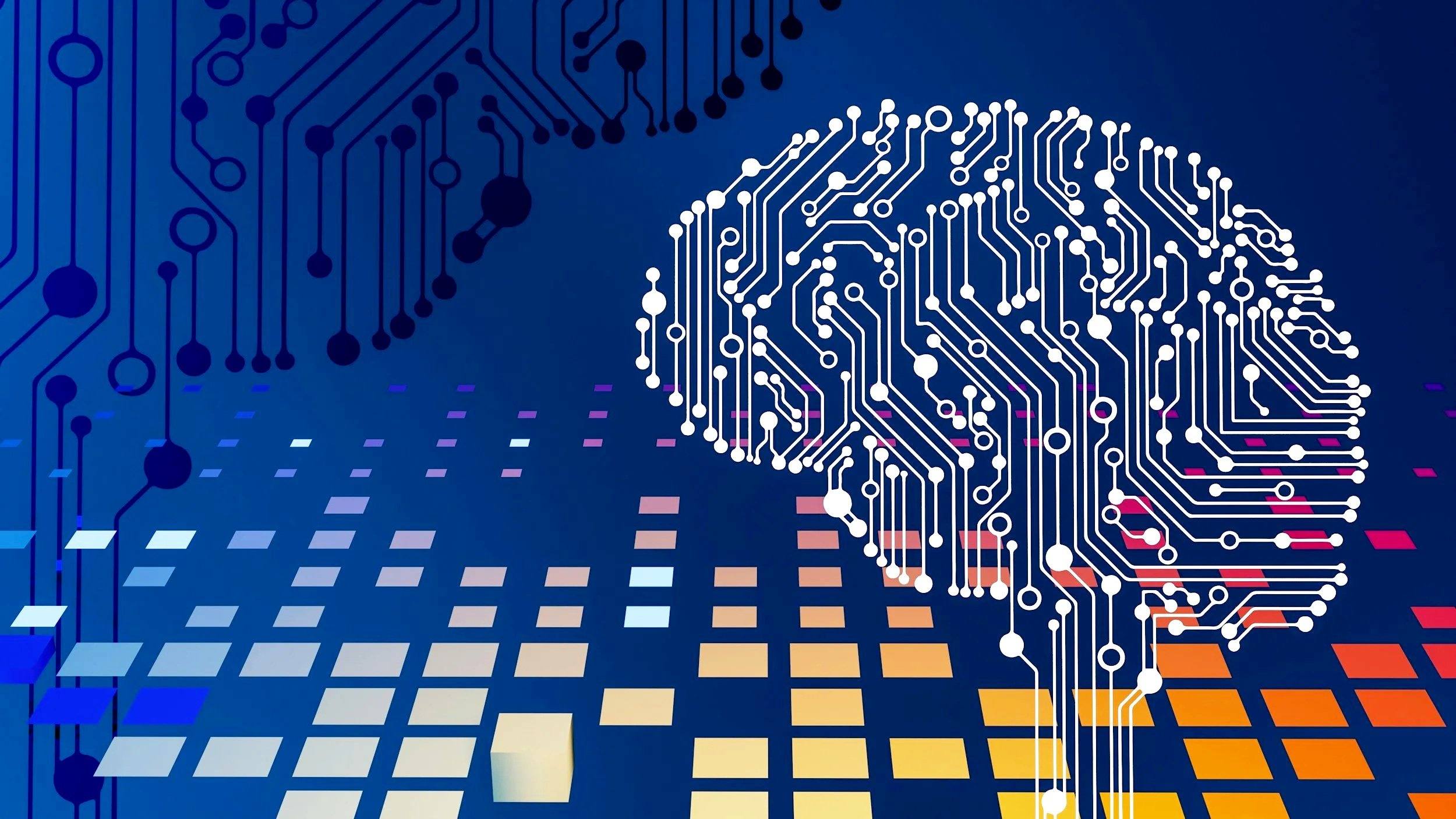 A stylized digital illustration of a human brain created with circuitry lines, dots, and colored squares on a blue background, representing artificial intelligence and technology.
