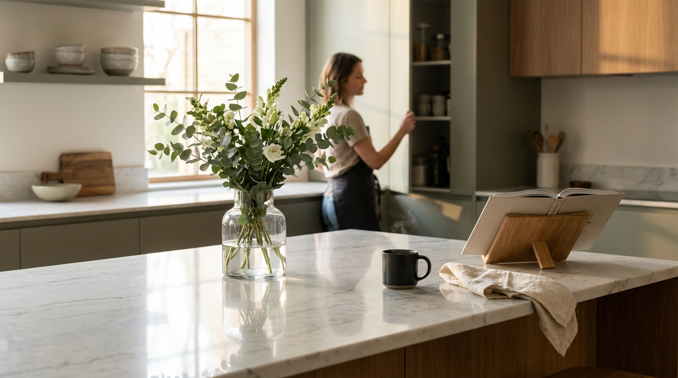 A modern kitchen with a marble countertop, a glass vase with green and white flowers, a black coffee mug, an open book on a stand, and a cloth napkin. In the background, a woman is reaching into a pantry.