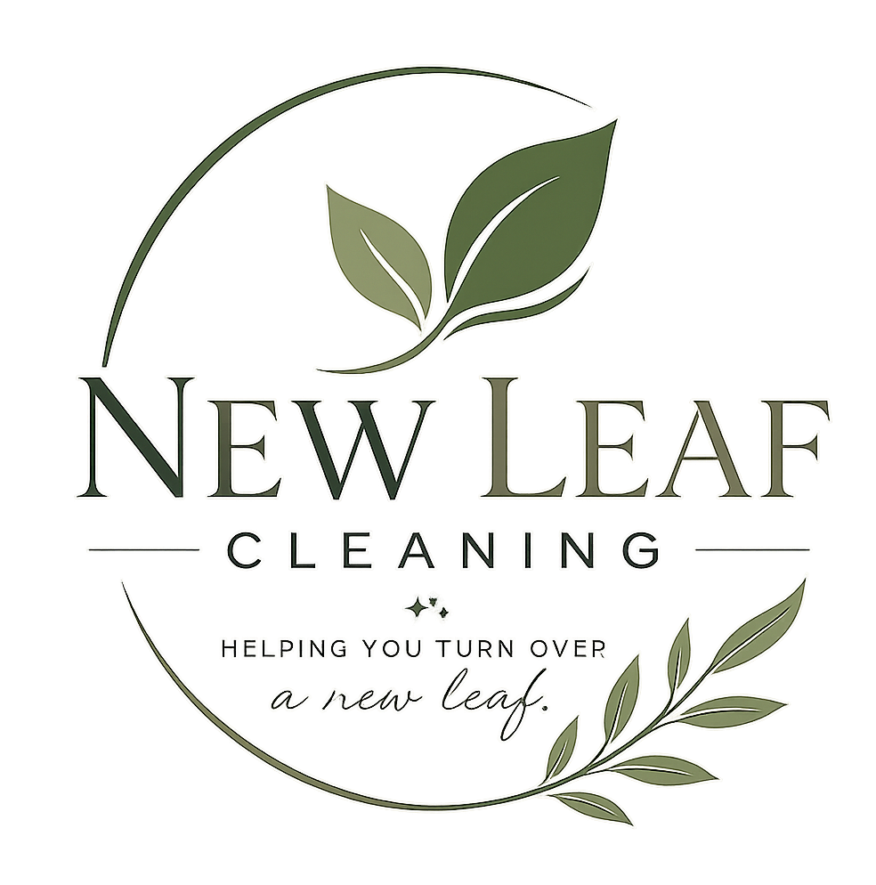 Logo for New Leaf Cleaning with green leaves and the tagline "Helping you turn over a new leaf".