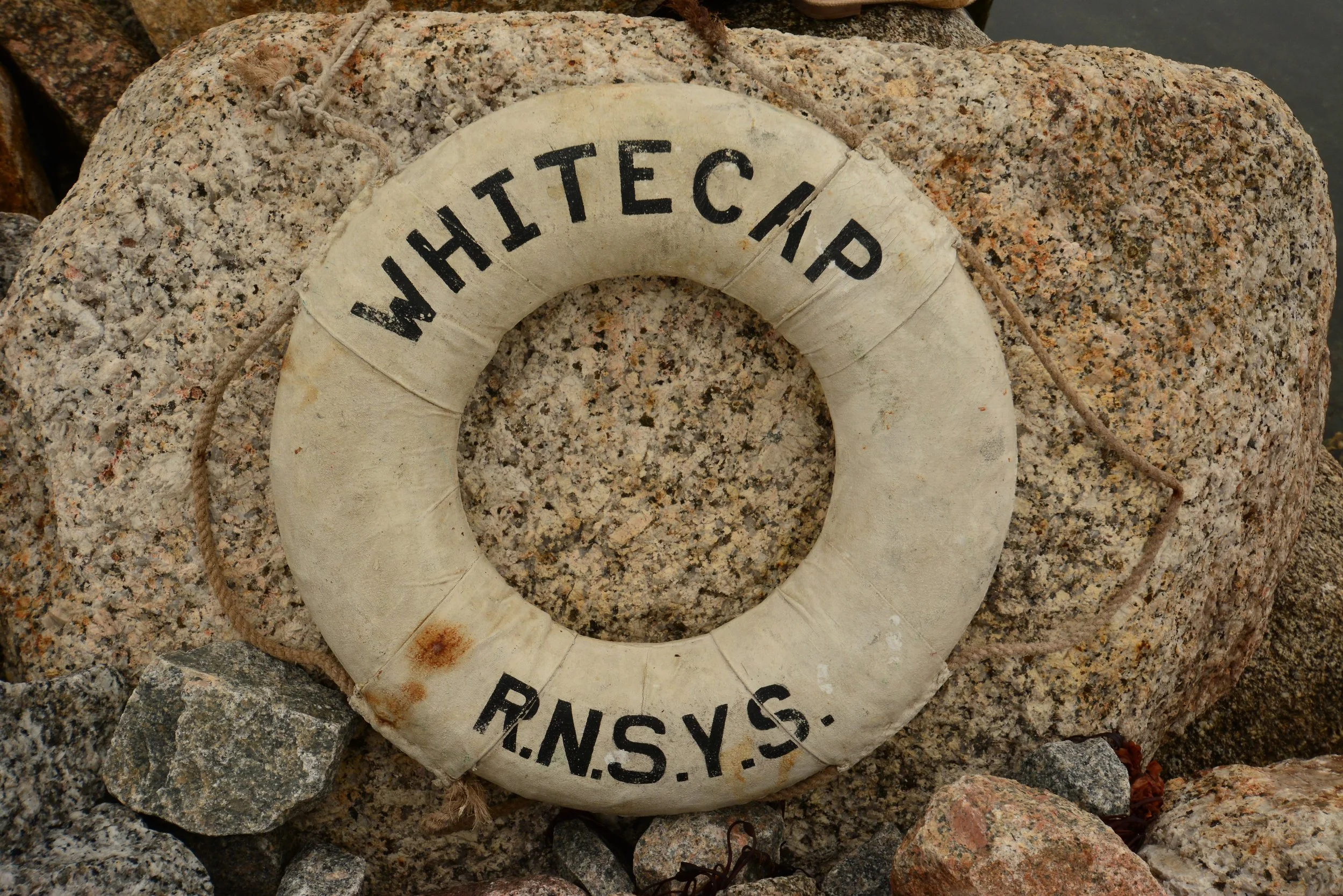A lifebuoy with the words 'WAIHEKAP' and 'RANSY.' printed on it, resting on rocks near water.
