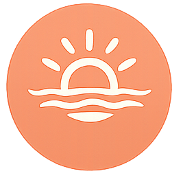 Sunrise or sunset over water with clouds, in a circular design