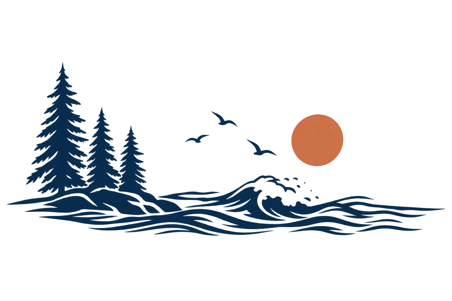 A silhouette of a pine tree near a body of water with a large orange moon in the sky and a flock of birds flying across the scene at nighttime.
