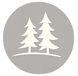Two white evergreen trees on a small hill against a gray circular background.