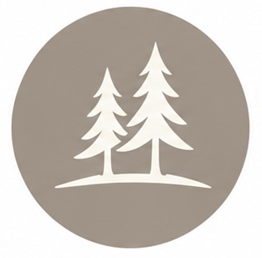Silhouette of three pine trees on a curved ground within a gray circle.