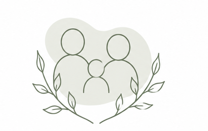 Simple line drawing of a family with two adults and a child, surrounded by laurel branches.