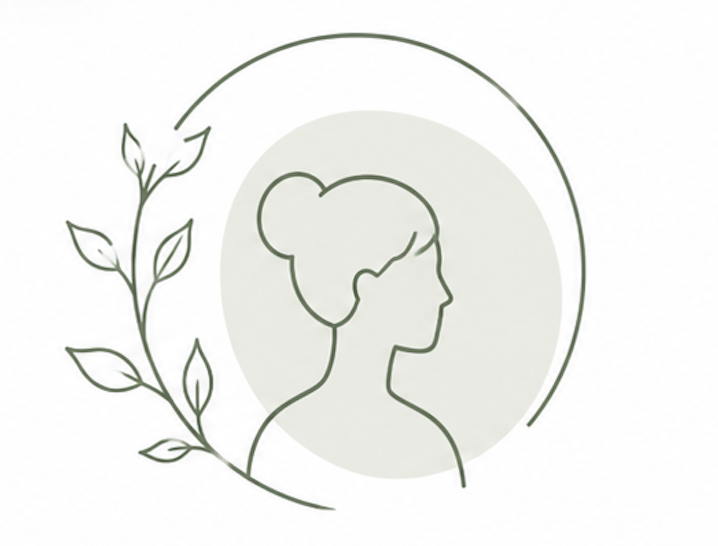 Minimalist line drawing of a woman's profile with her hair in a bun, surrounded by a circular design and leafy branches.