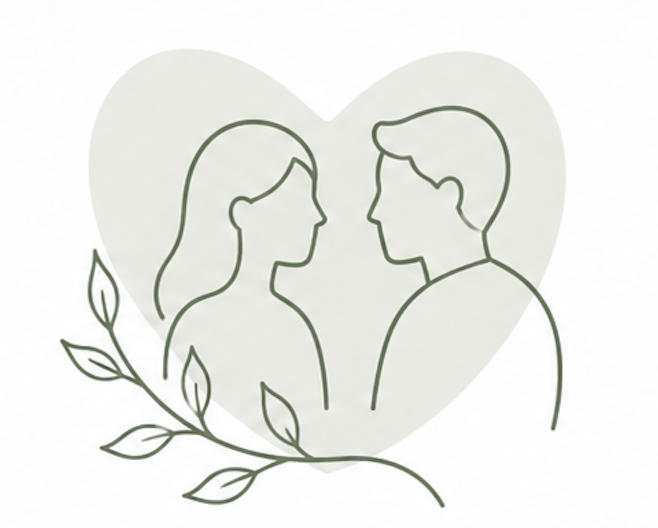 Line art drawing of a couple facing each other, with a large heart shape in the background and a plant branch in the foreground.