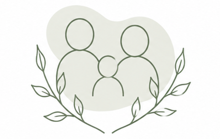 Line art illustration of a family with a child, surrounded by leafy branches.